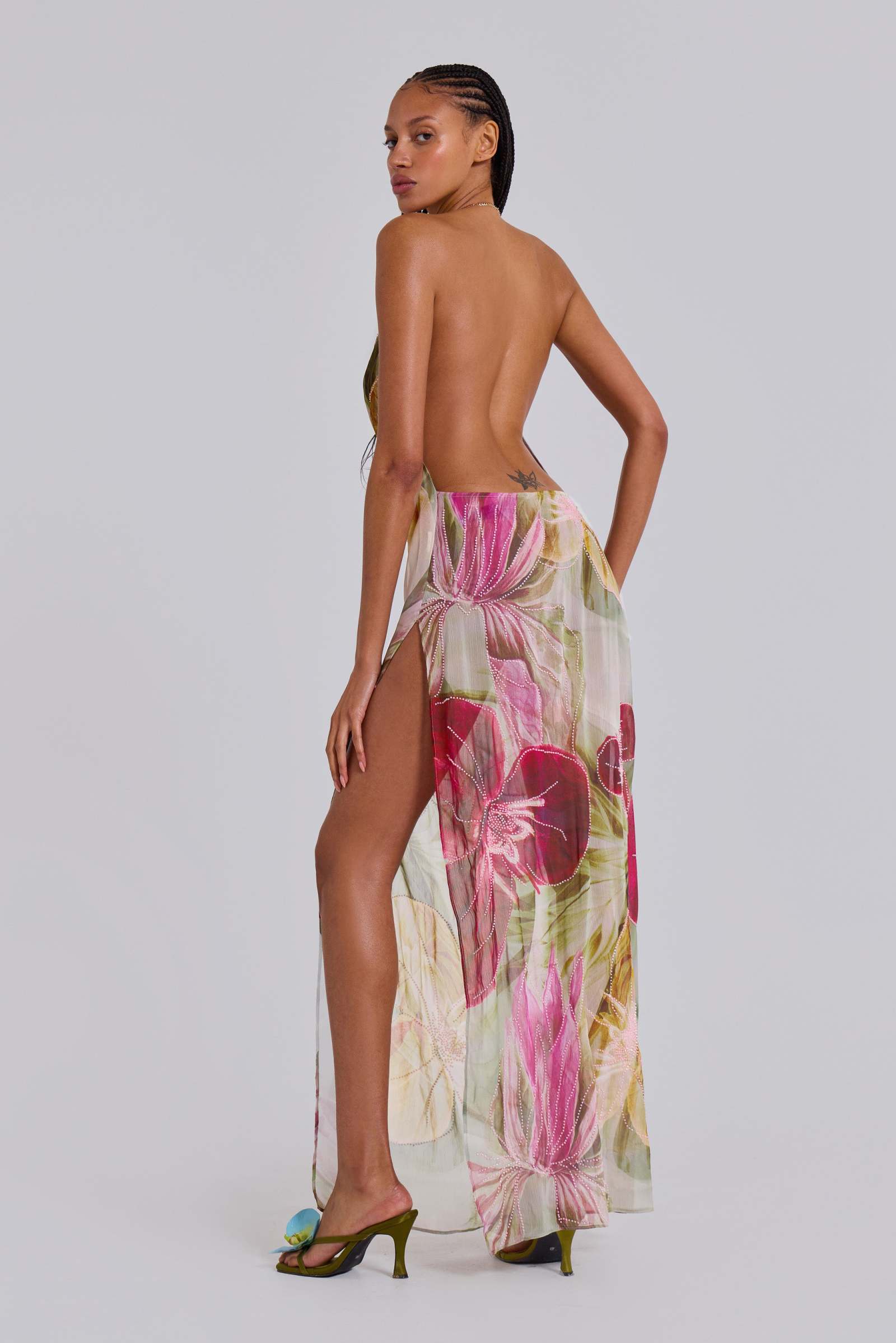 Dahlia Hand-Beaded Backless Chiffon Maxi Dress in Rosa