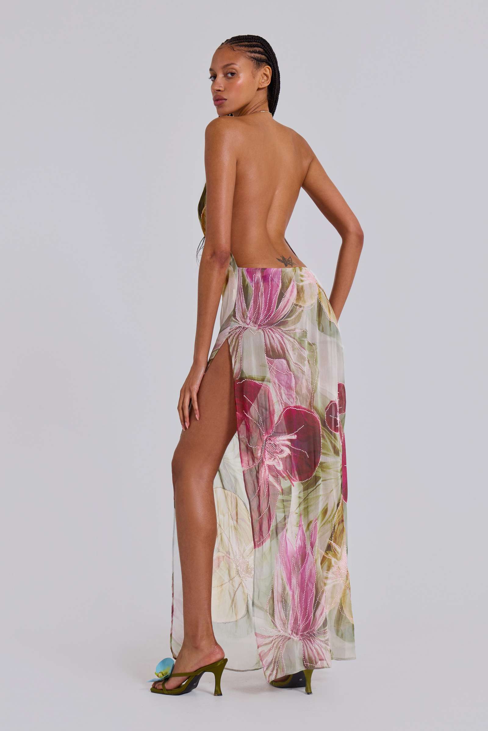 Dahlia Hand-Beaded Backless Chiffon Maxi Dress in Rosa