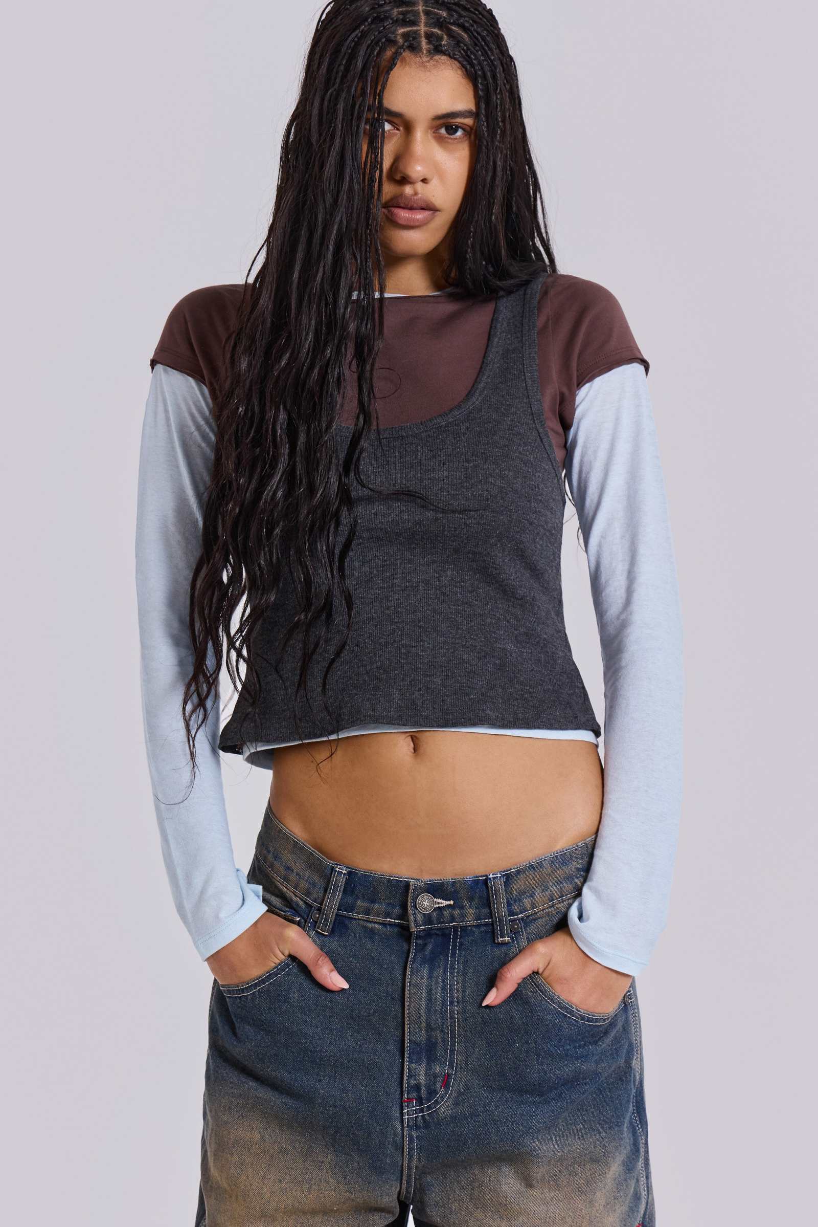 Lexie Triple Layer Long Sleeve Top in Grey