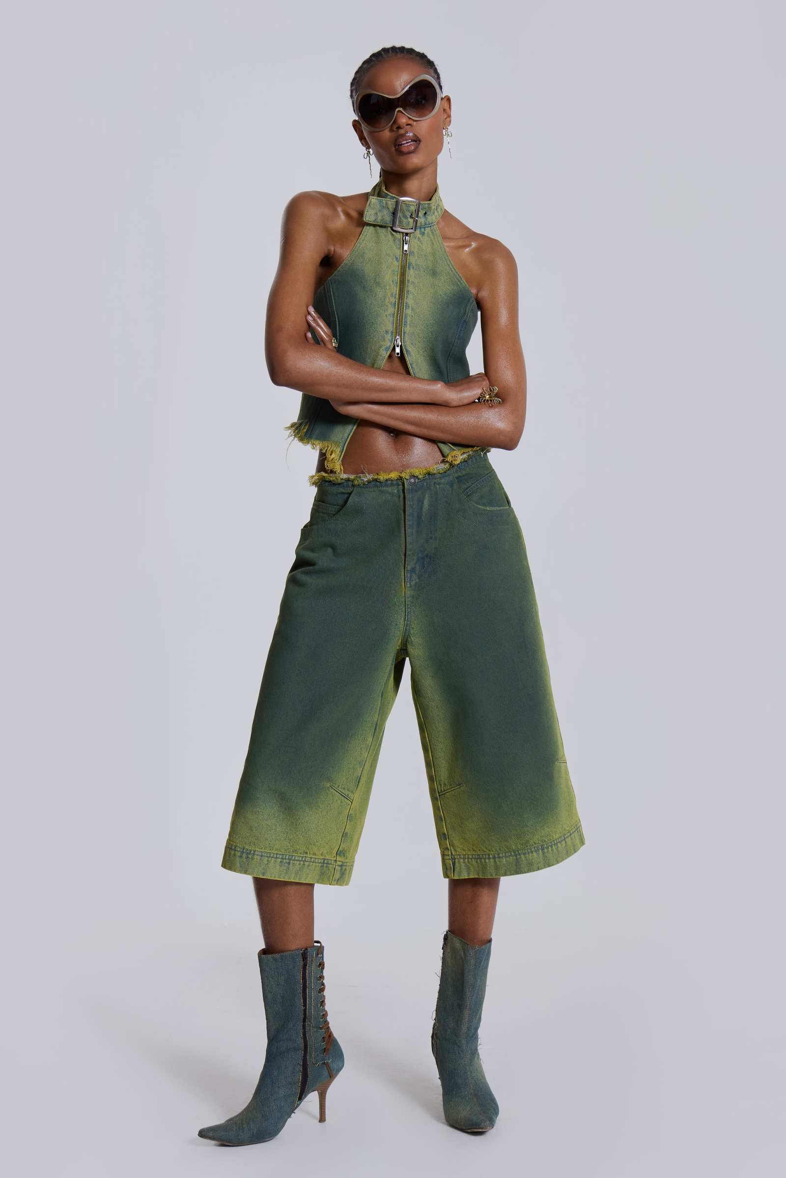 パンツ jaded london GREEN CHECK JORTS w28