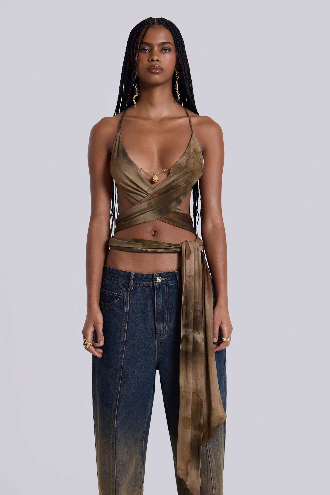 Ayla Backless Plunge Wrap Top in Brown
