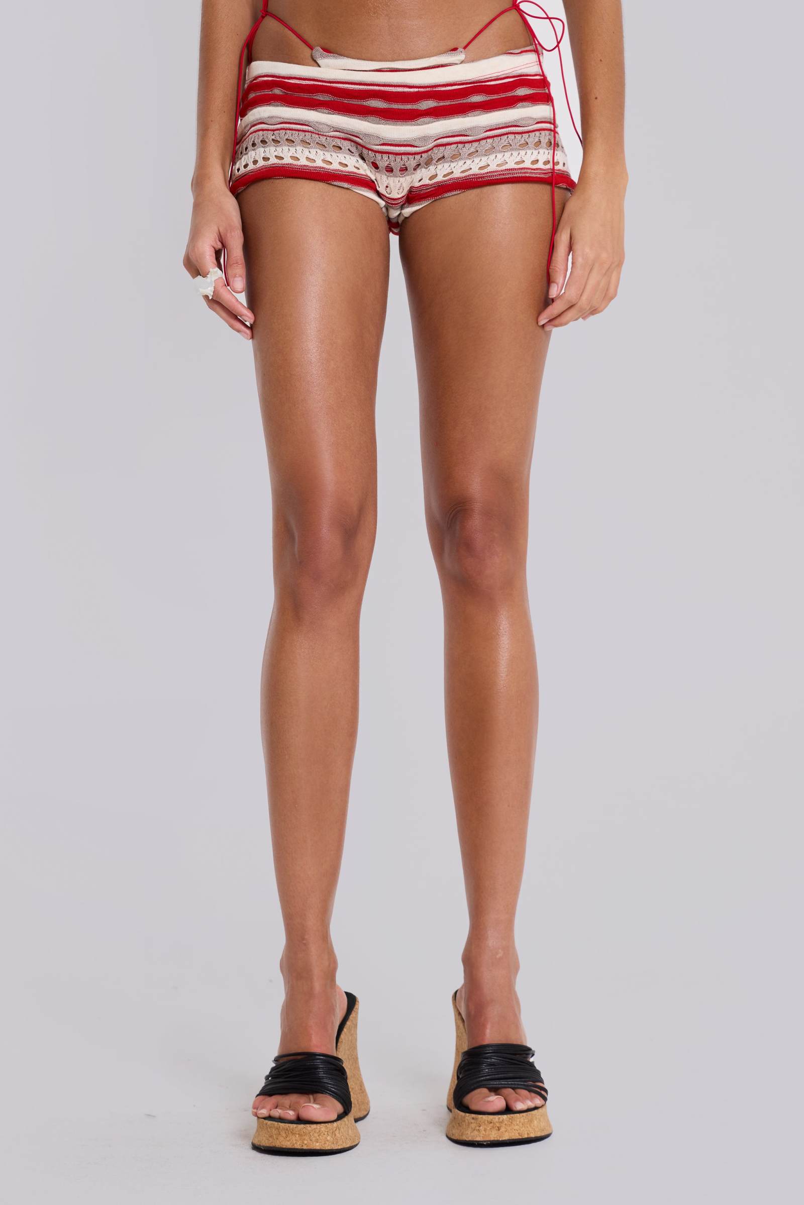 Cata Red Stripe Ruffle Knit Mini Shorts