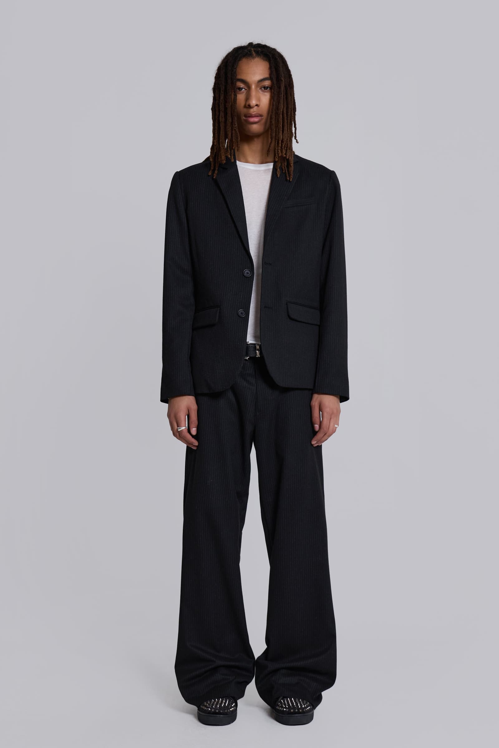Black Pinstripe Stacked Straight Suit Pants | Jaded London