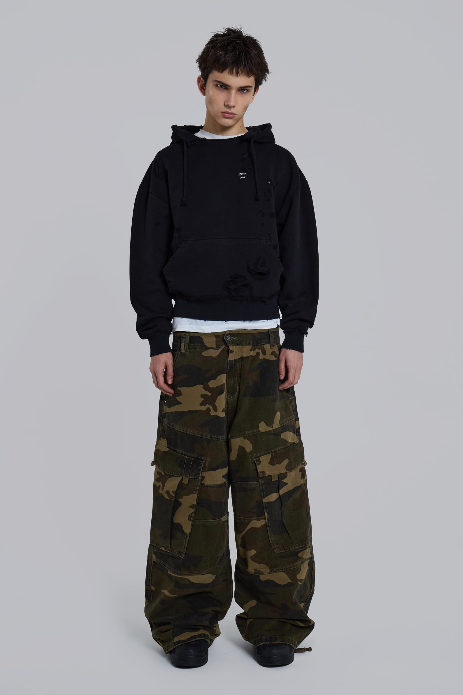 Distressed Open-Neck Oversized Hoodie