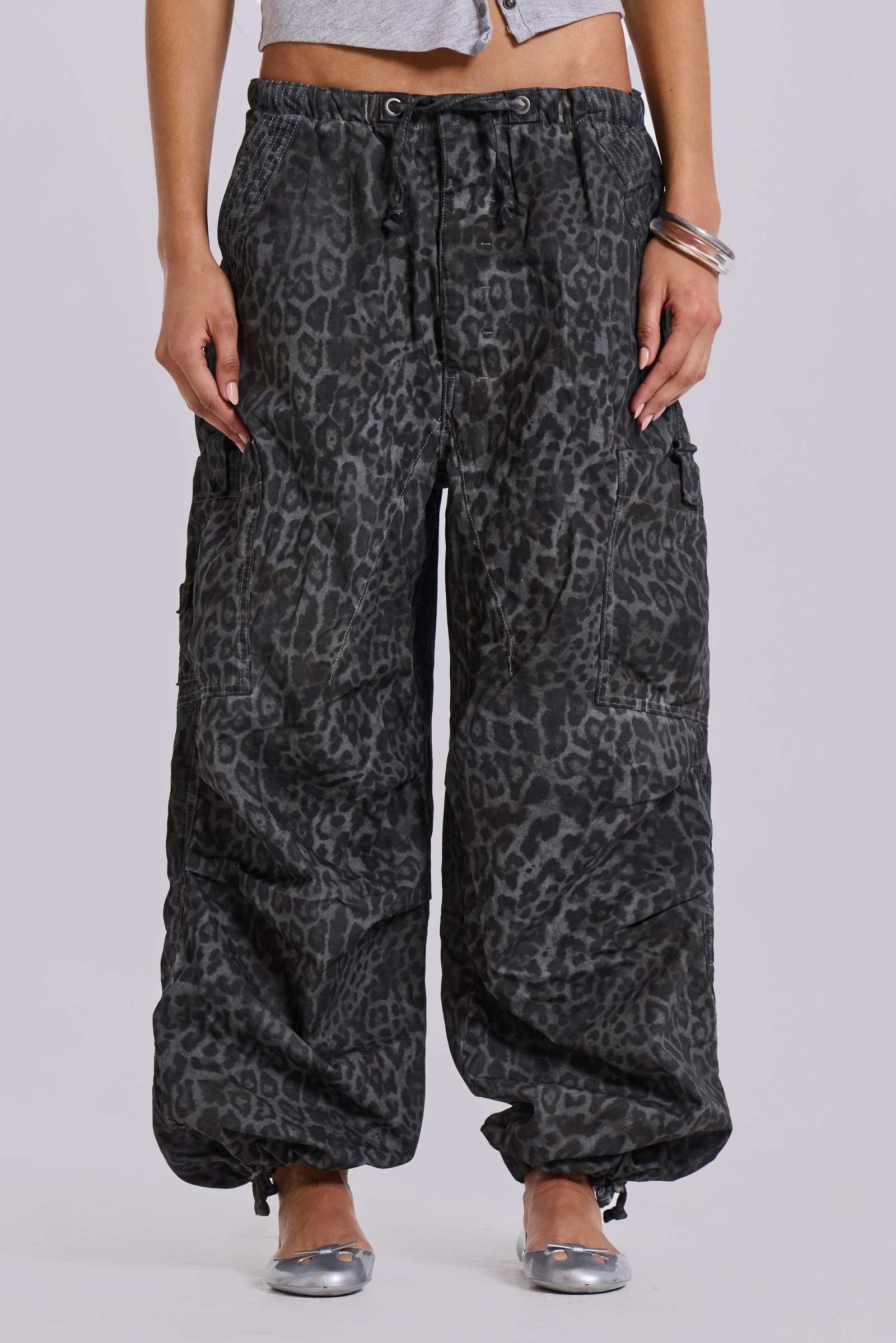 Charcoal Leopard Parachute Pants