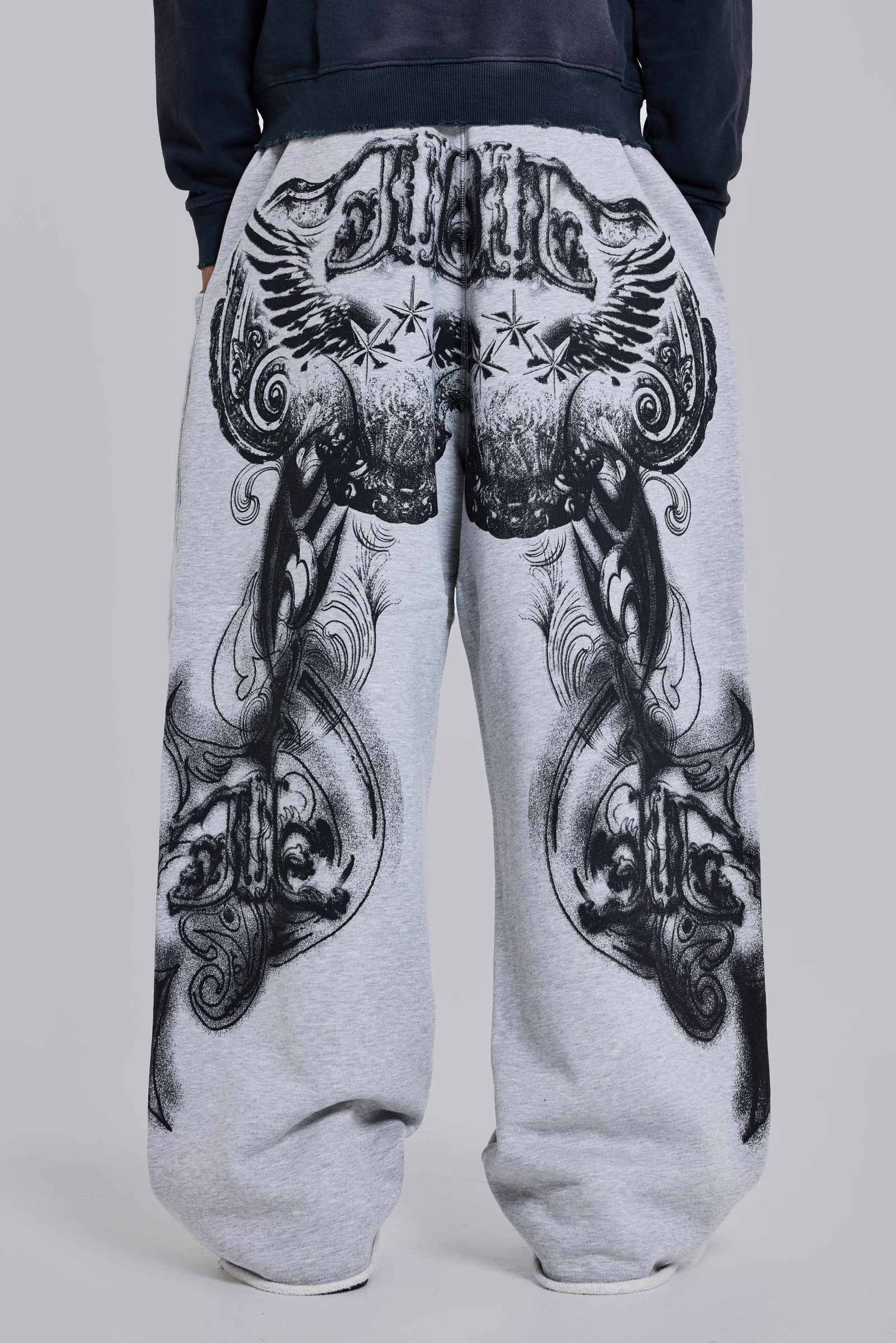 Grey Marl Gothic Print Baggy Monster Joggers