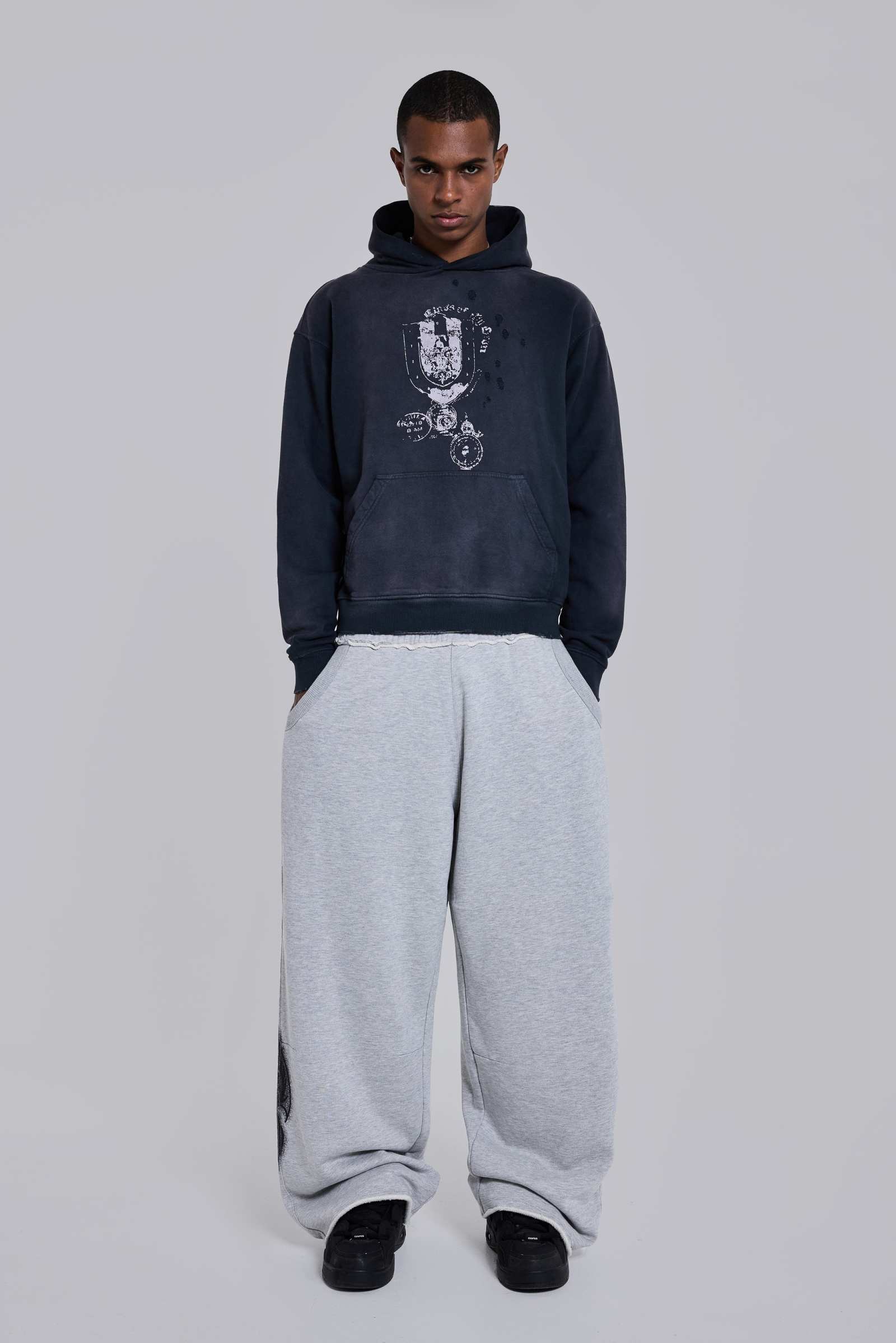 Grey Marl Gothic Print Baggy Monster Joggers