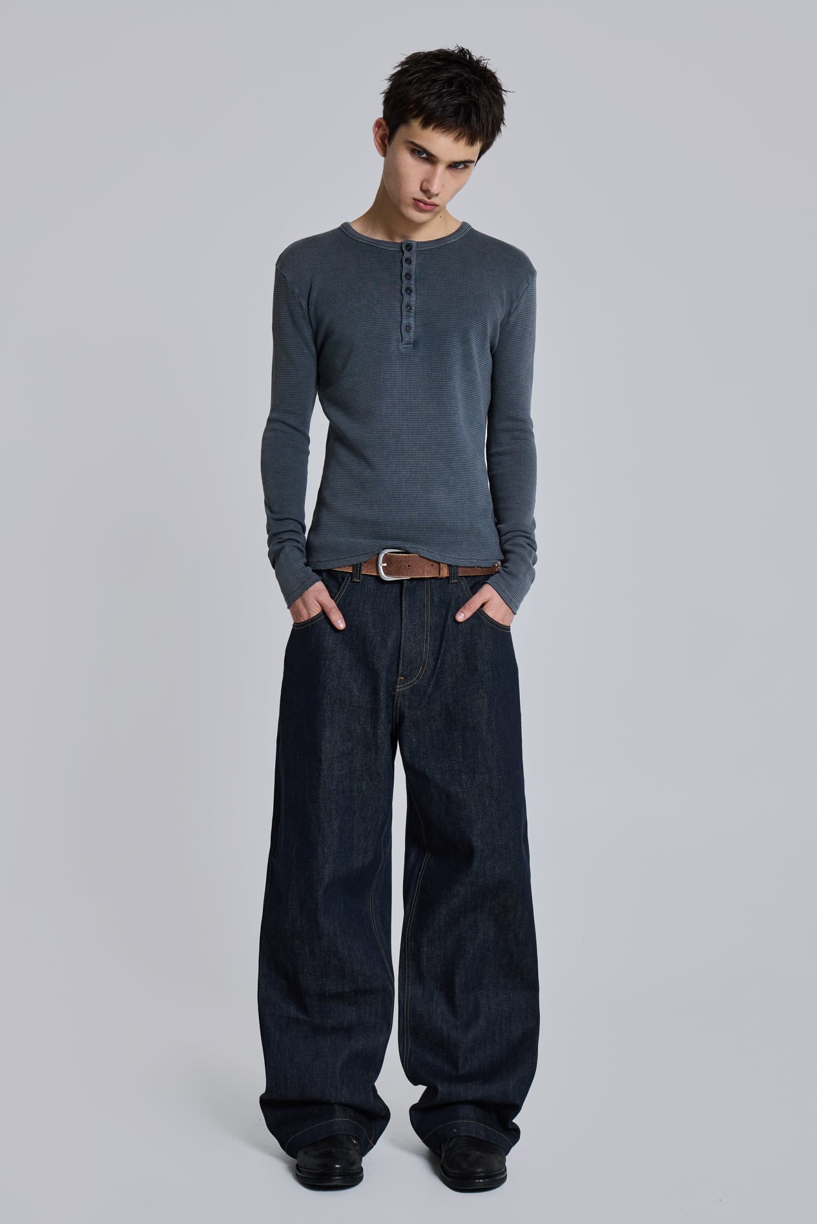 Charcoal Waffle Henley Top