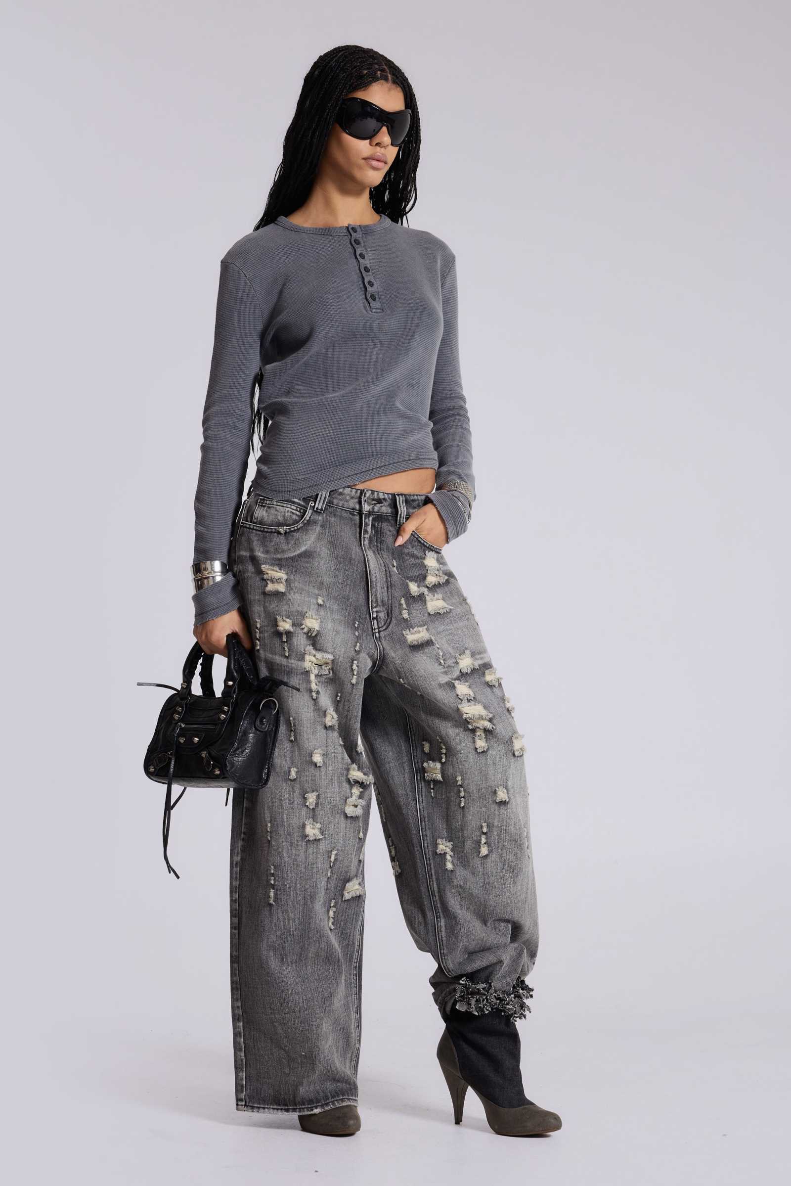 Charcoal Waffle Henley Top