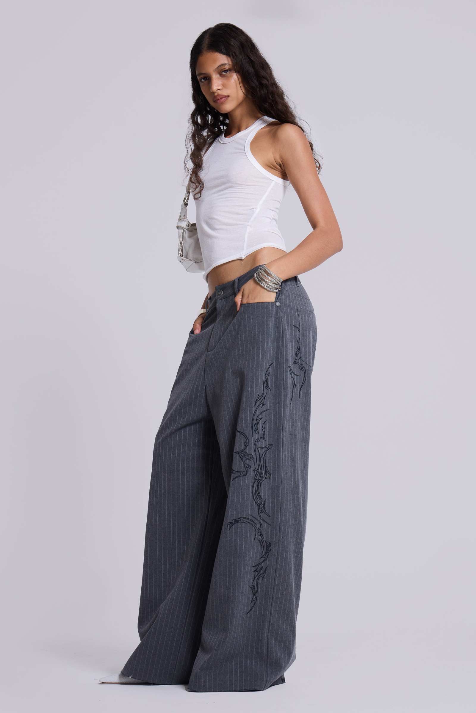 パンツ jaded london Goliath Pinstripe Pants Shop Black Pinstripe Goliath Pants | Jaded London | Clothing