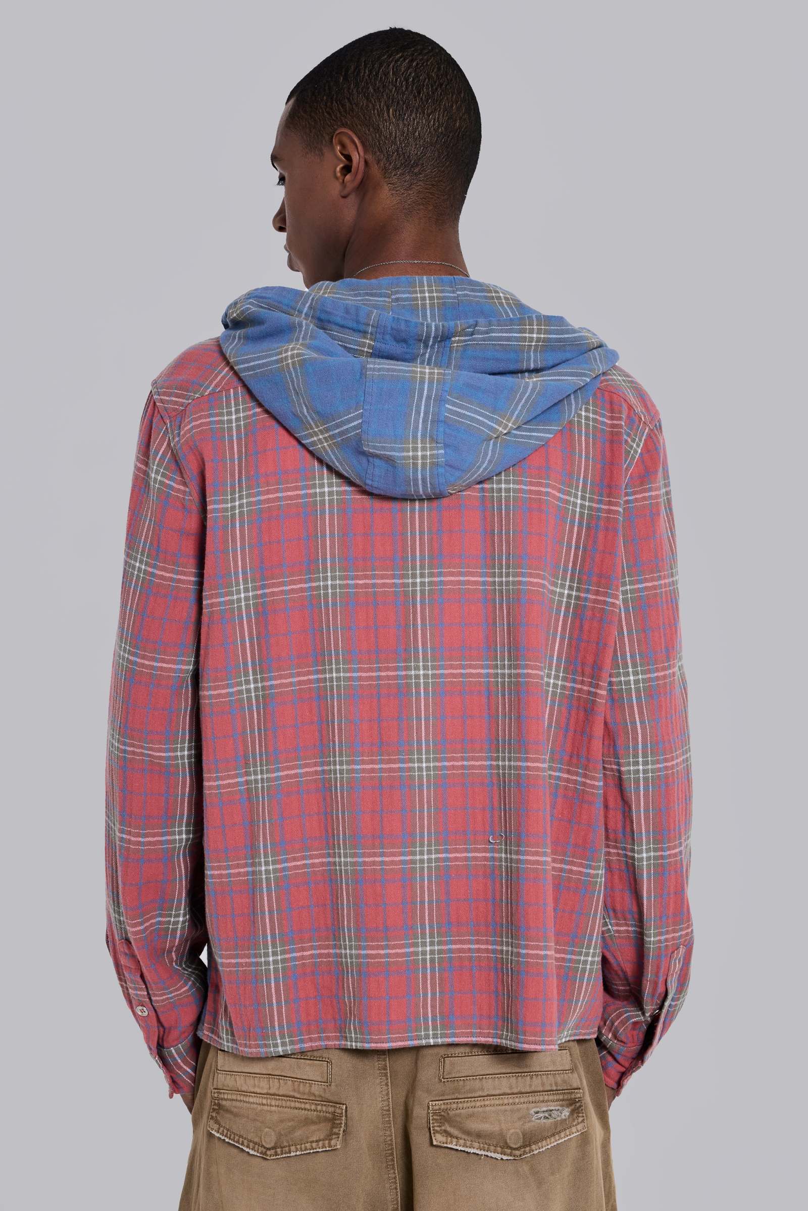 Checked Button-Up Hooded Shirt