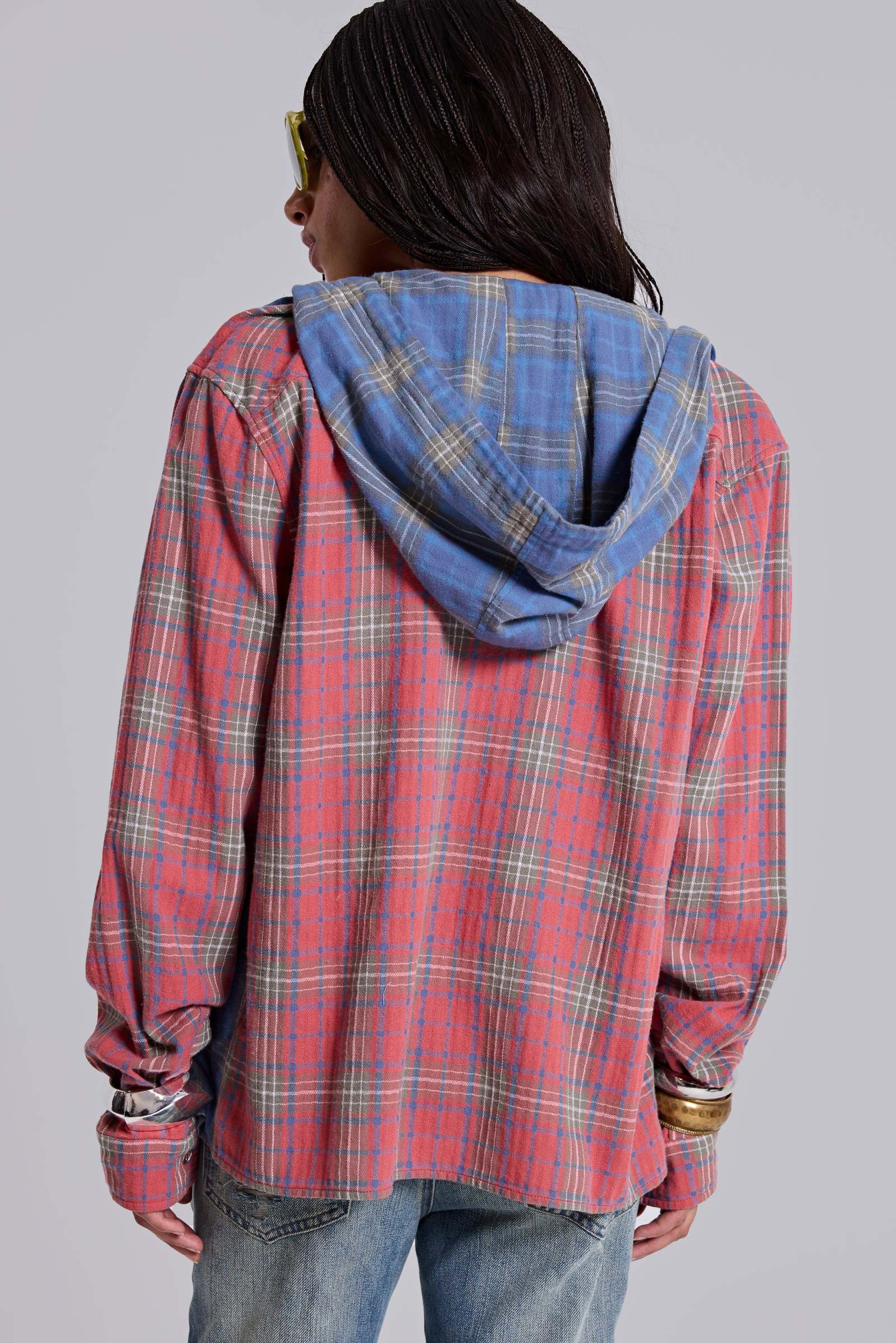 Checked Button-Up Hooded Shirt