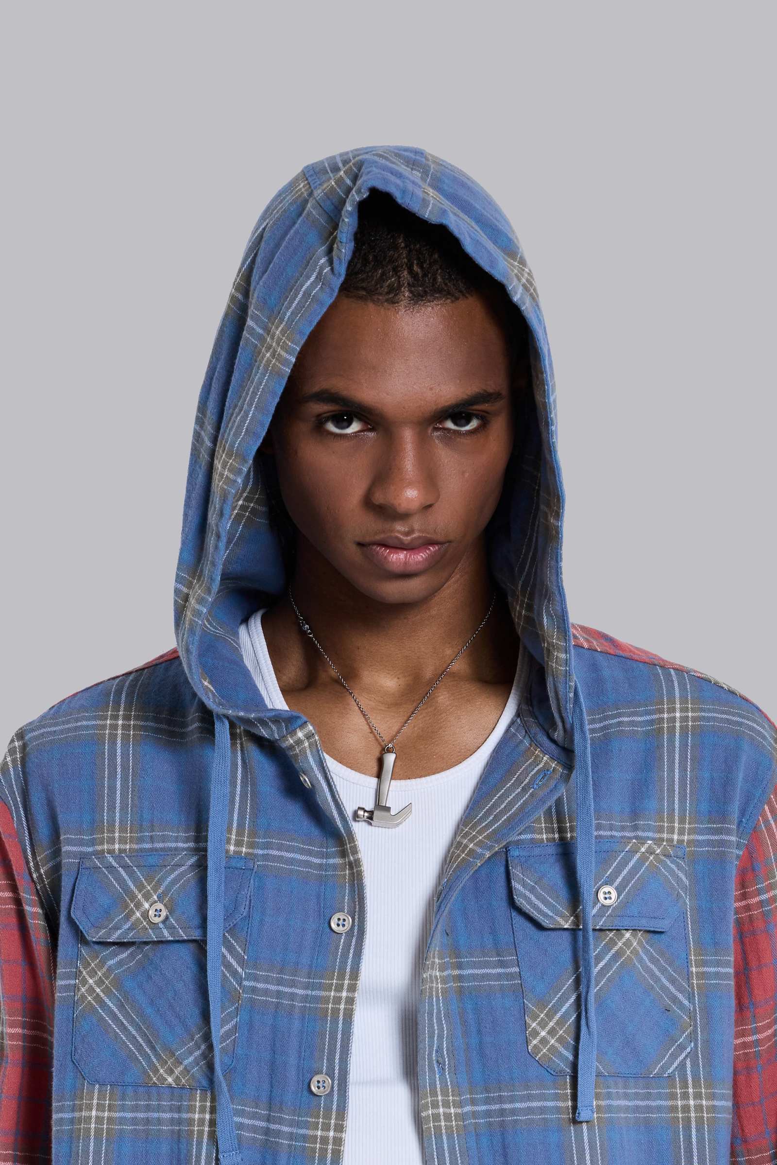 Checked Button-Up Hooded Shirt