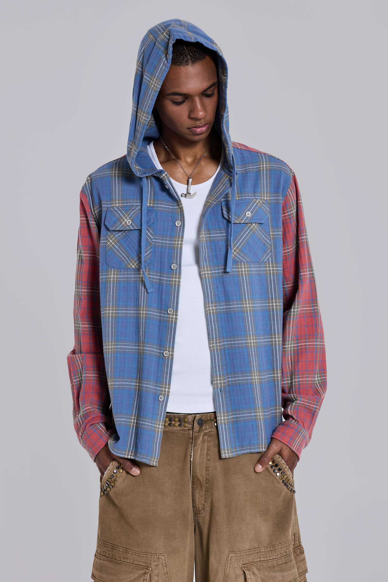Checked Button-Up Hooded Shirt