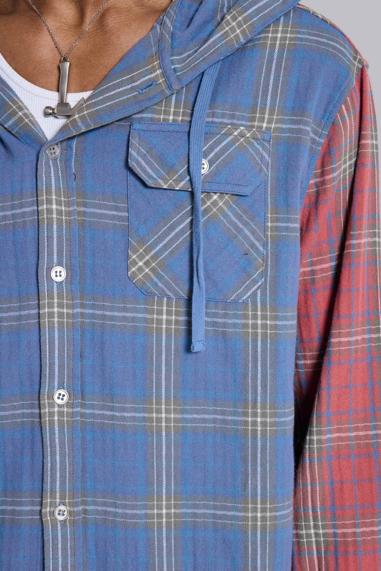 Checked Button-Up Hooded Shirt