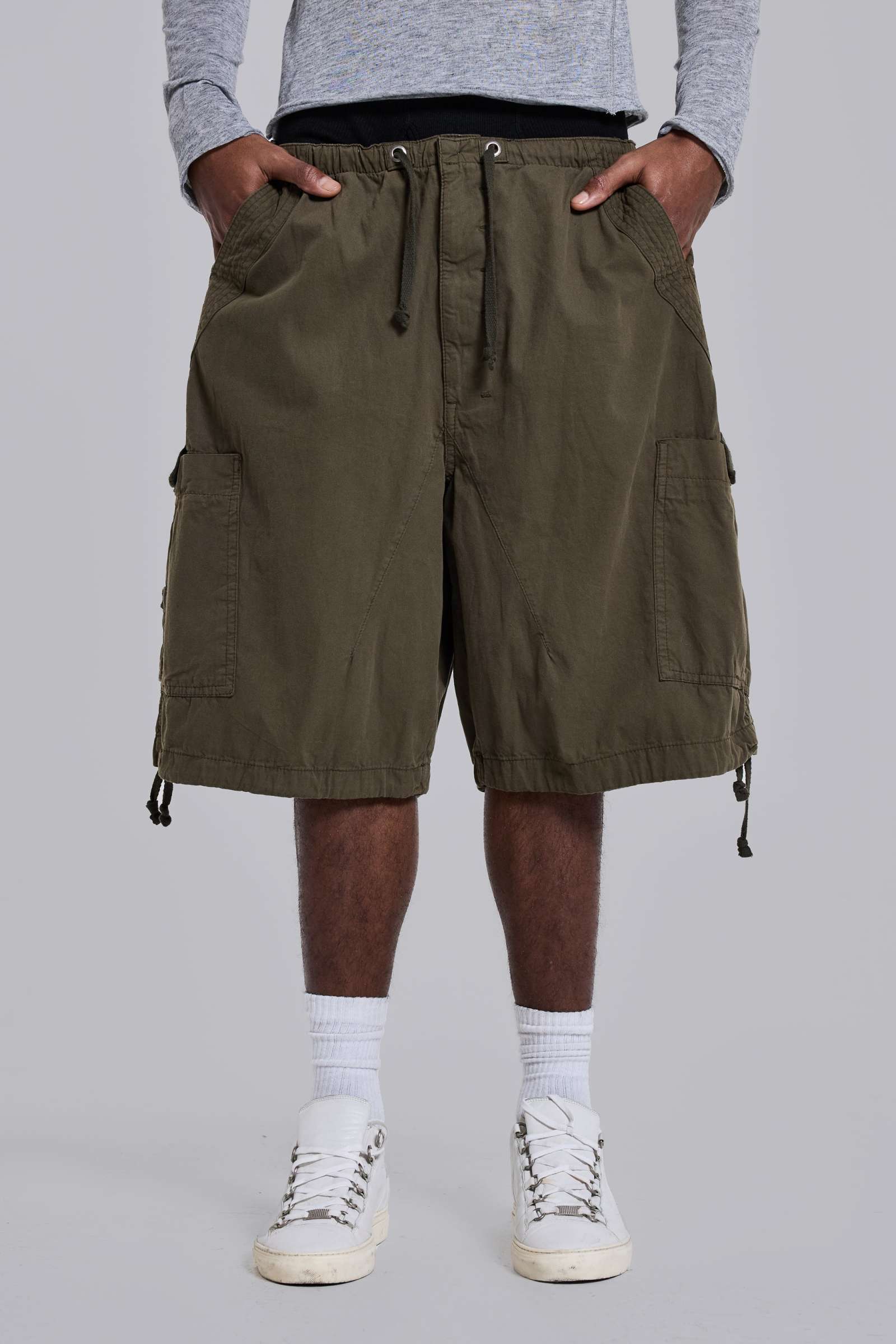Khaki Parachute Cargo Baggy Shorts