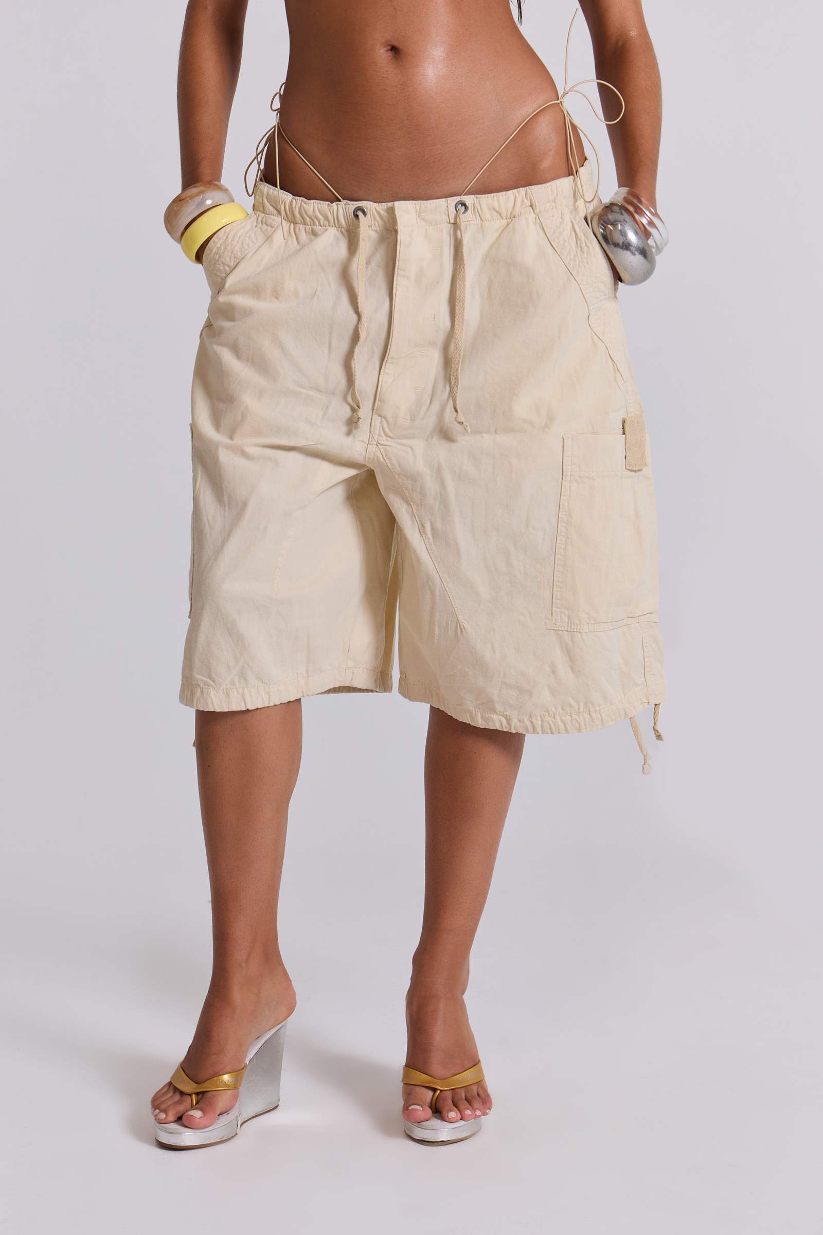 Ecru Parachute Cargo Shorts
