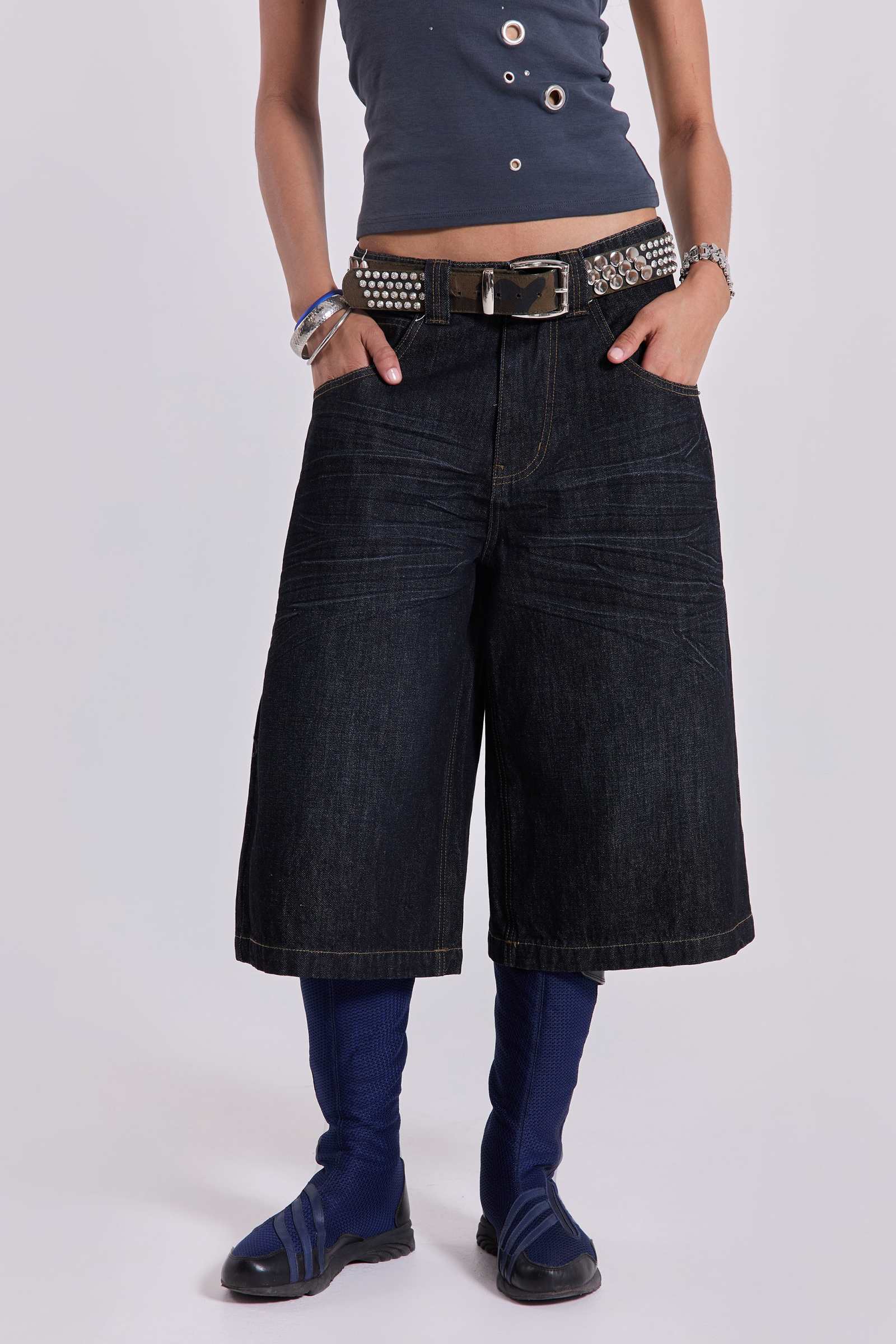Creased Indigo Colossus Jorts | Jaded London
