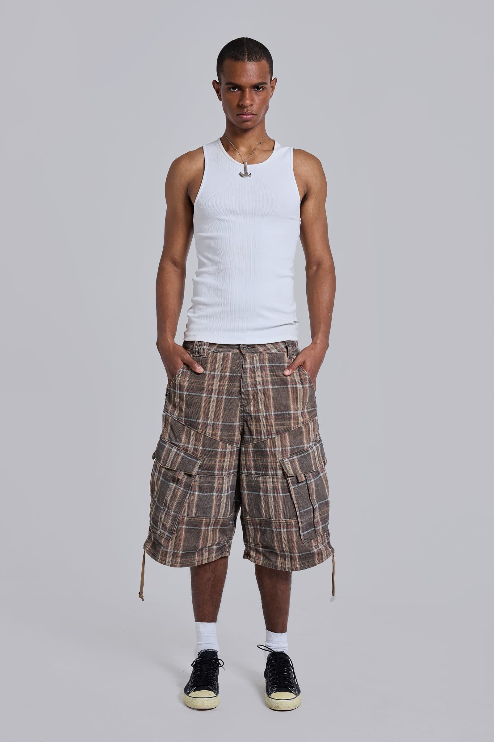BROWN CHECK CORD CADET SHORTS