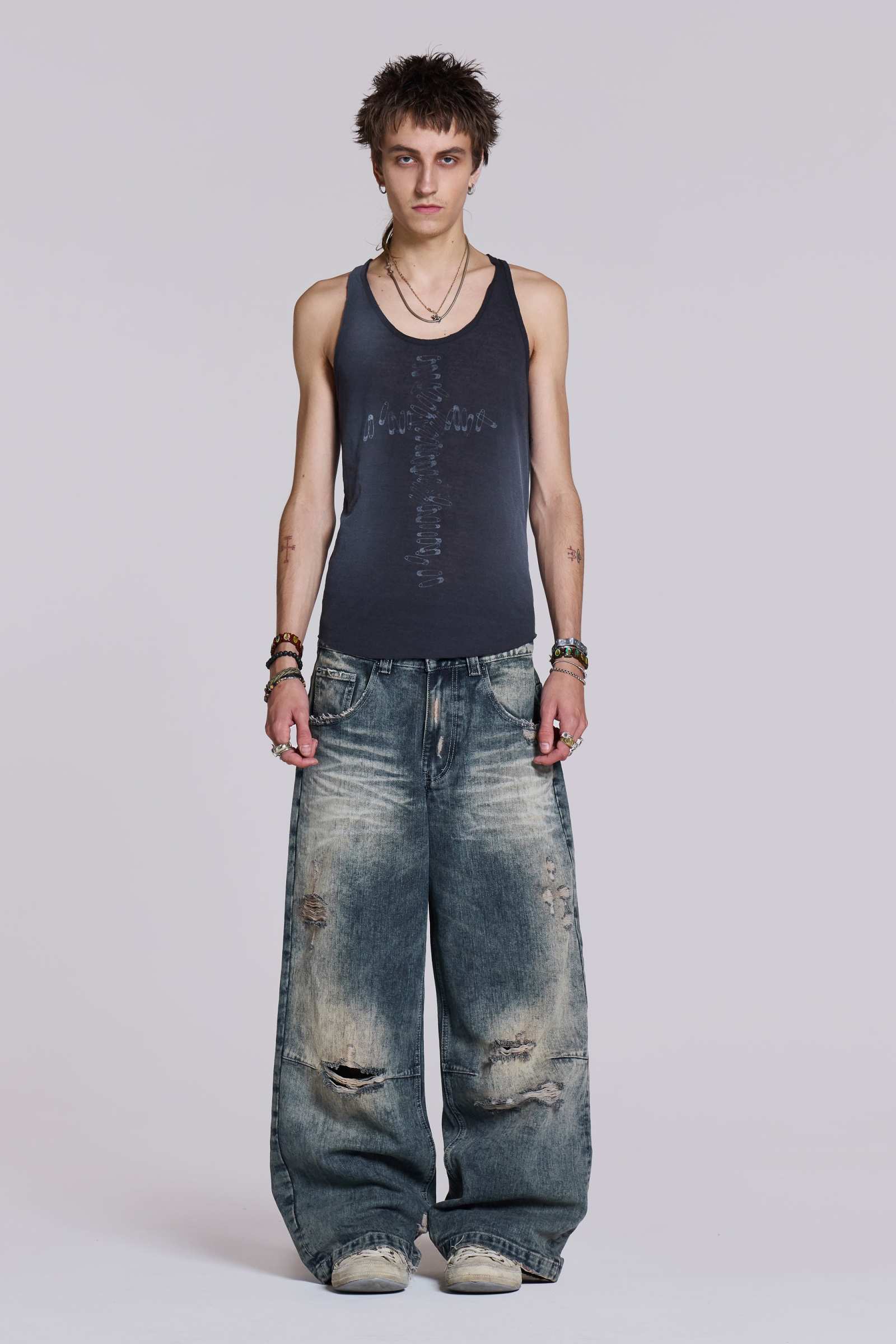 関送込★JADED LONDON★Safety Pin Washed Black タンクトップ Safety Pin Washed Black Tank | Jaded London | Clothing