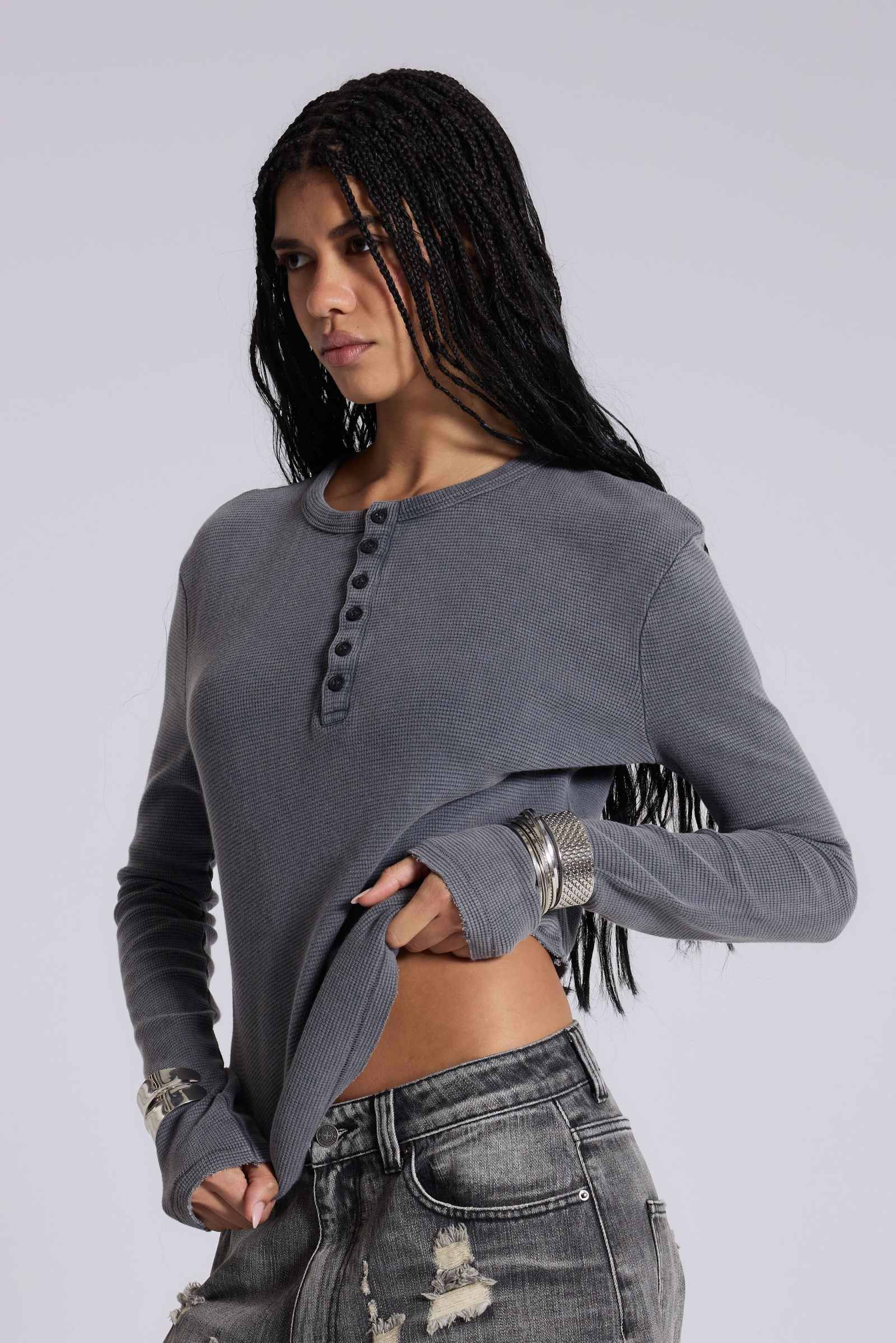 Charcoal Waffle Henley Top