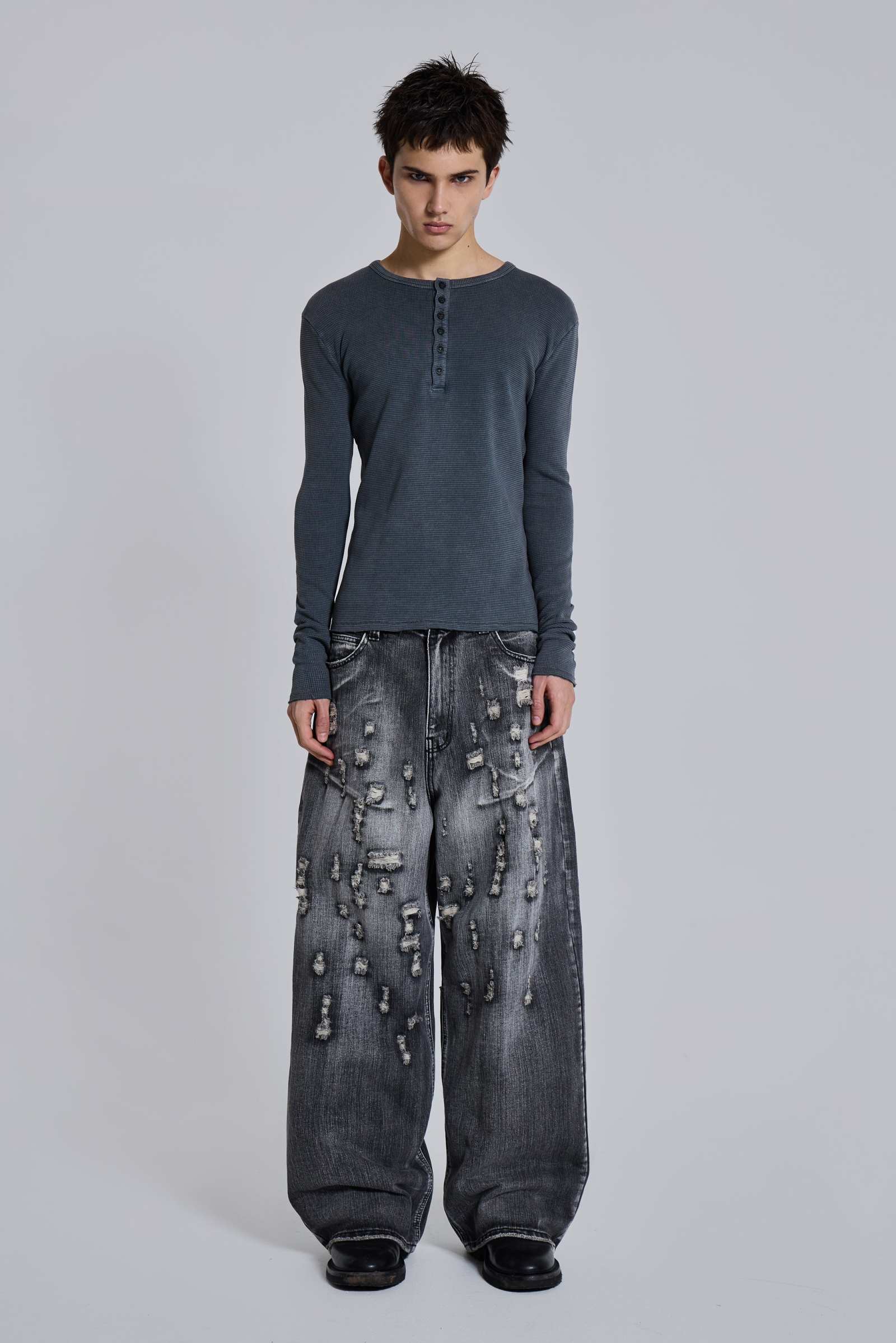 Charcoal Waffle Henley Top