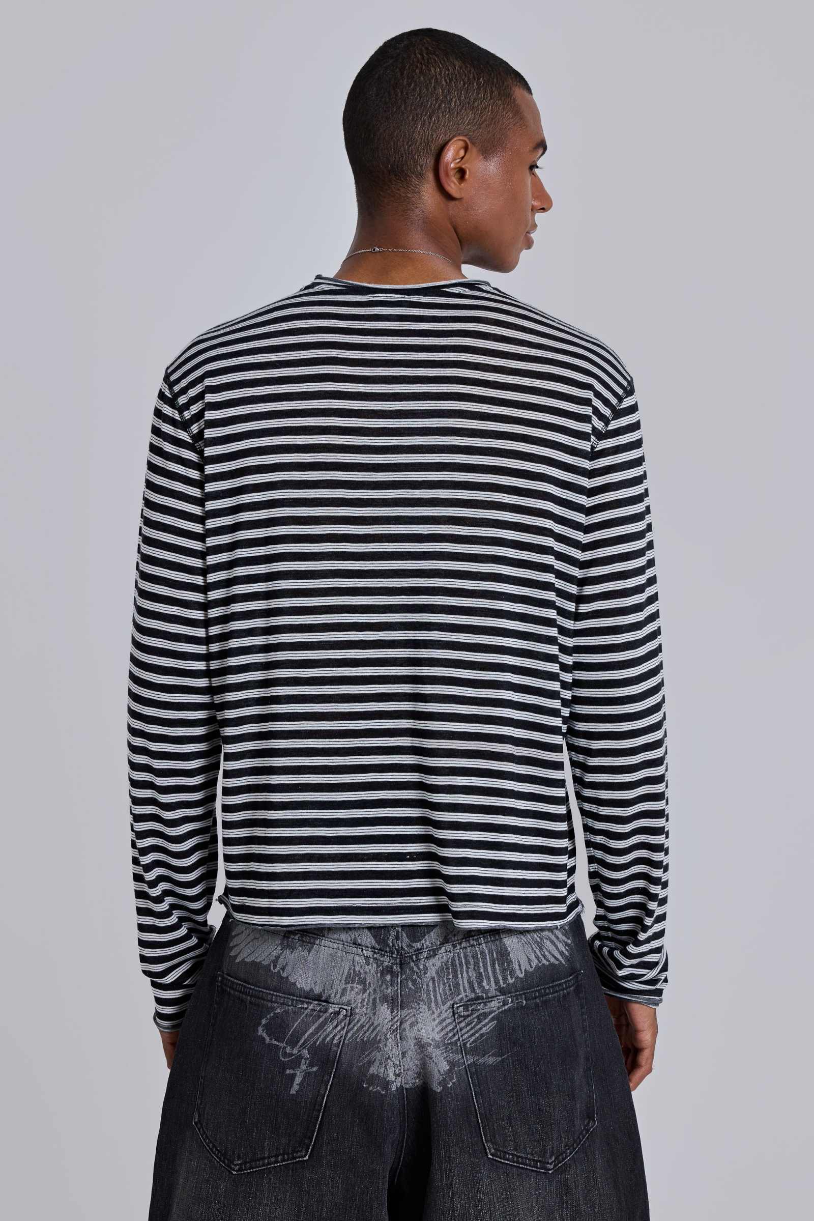 Black and White Light Weight Raw Edge Long Sleeve Top