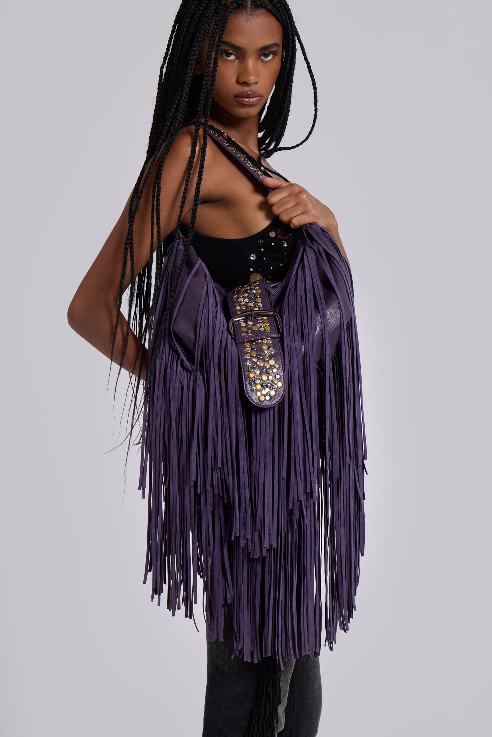 Amethyst Fringe Studded Shoulder Bag