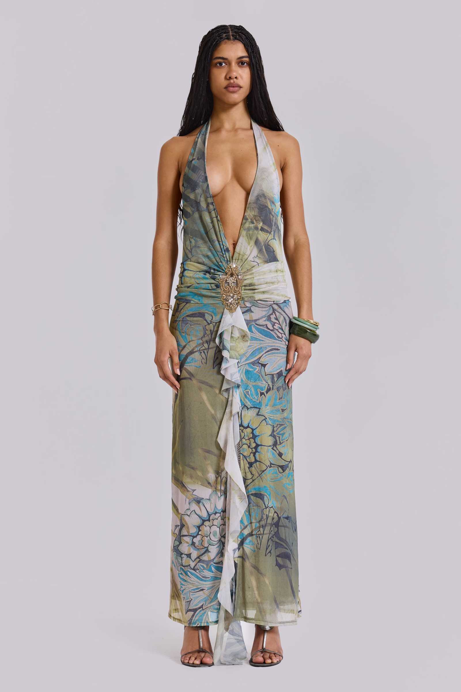 Cindy Plunge Maxi Dress In Green