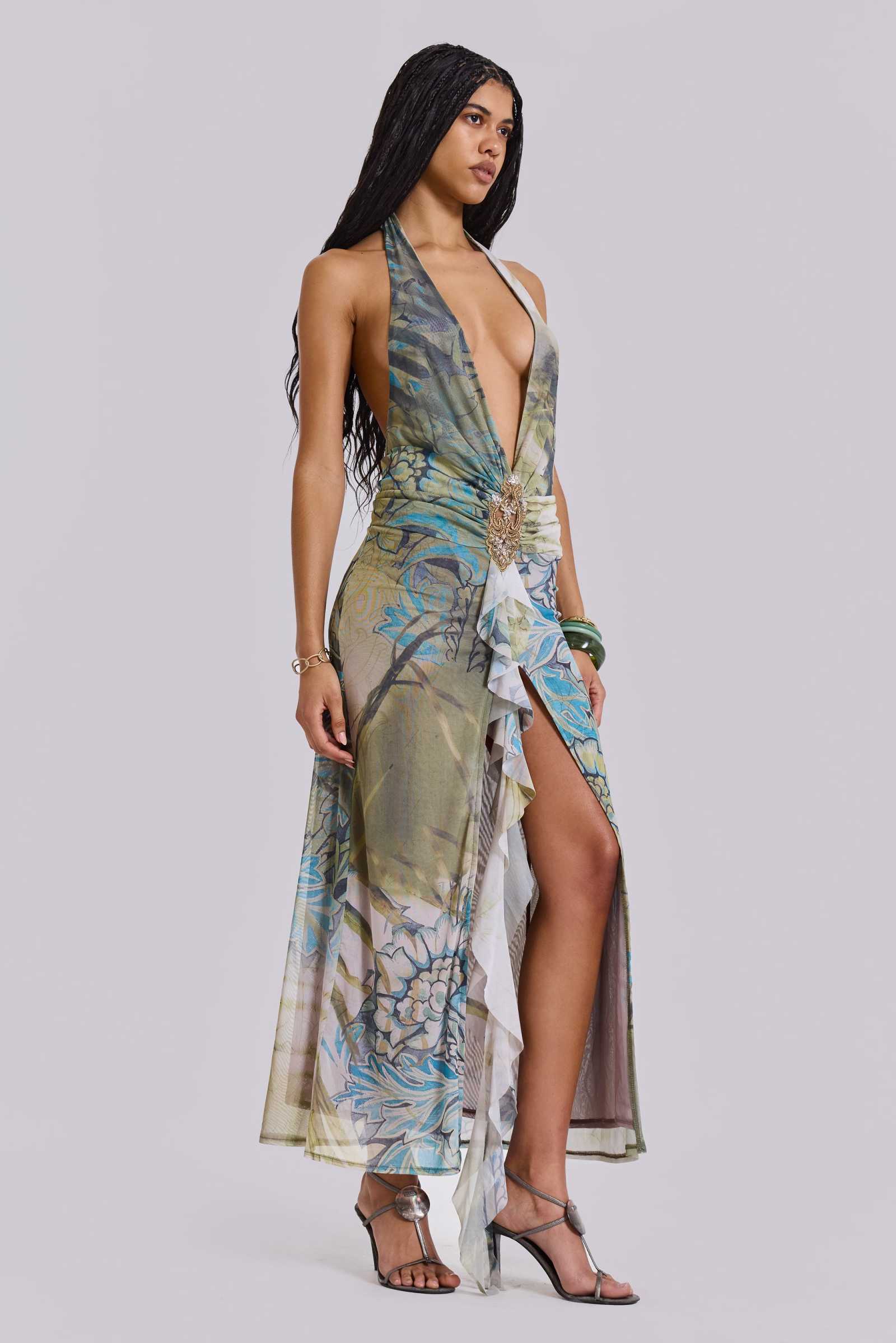 Cindy Plunge Maxi Dress In Green