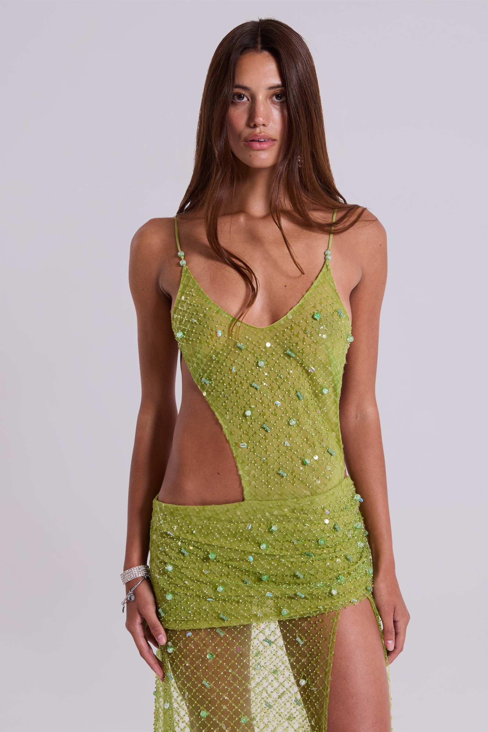 Stellar Asymmetric Hand Beaded Maxi Dress