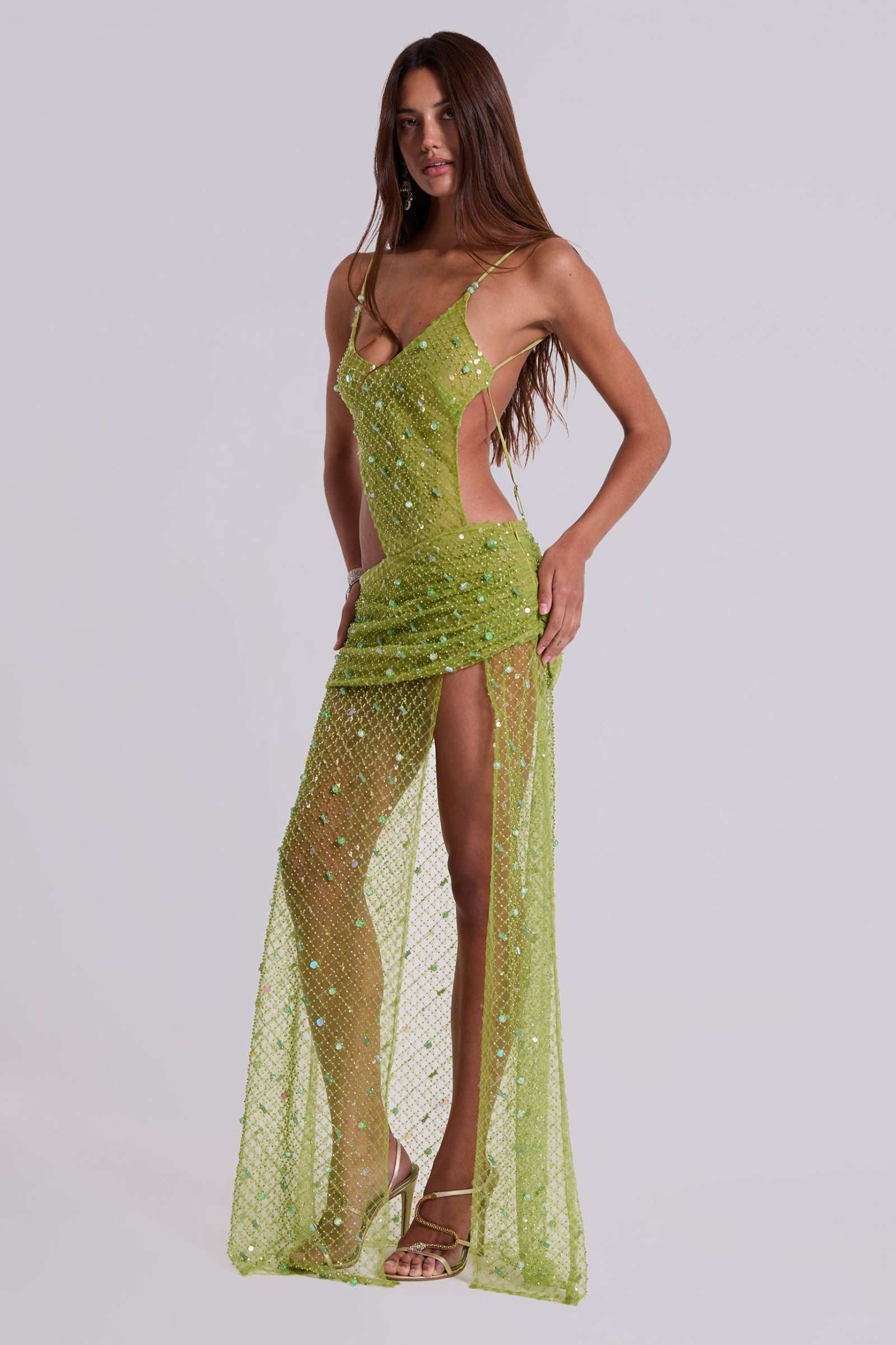 Stellar Asymmetric Hand Beaded Maxi Dress