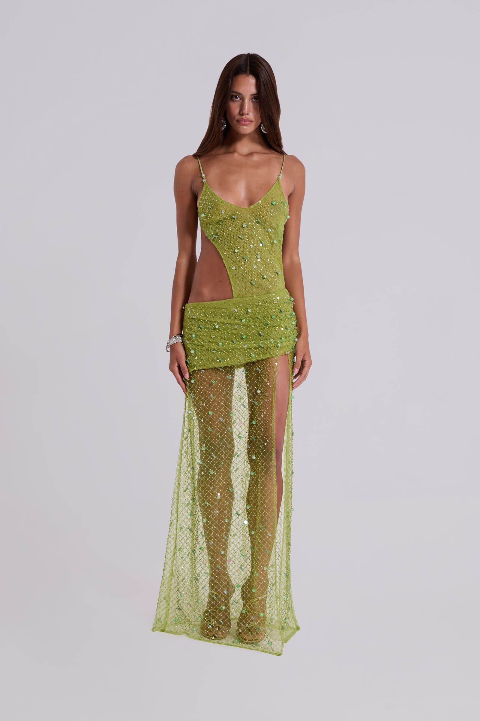 Stellar Asymmetric Hand Beaded Maxi Dress