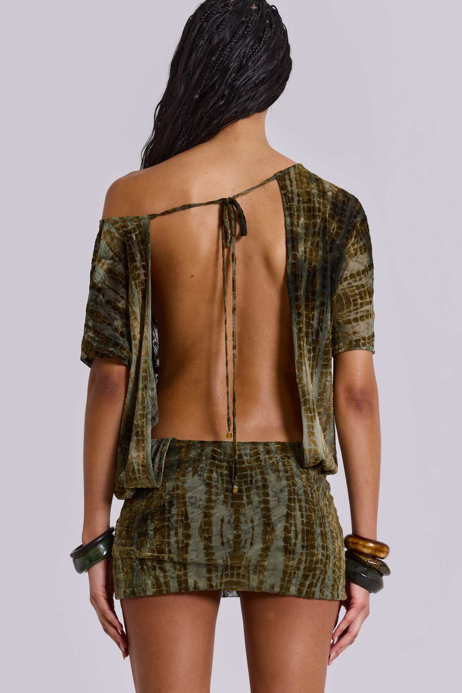 Jaded London Ophidian Backless Woven Mini Dress - Green Multi Jaded London Ophidian Backless Woven Mini Dress - Green Multi