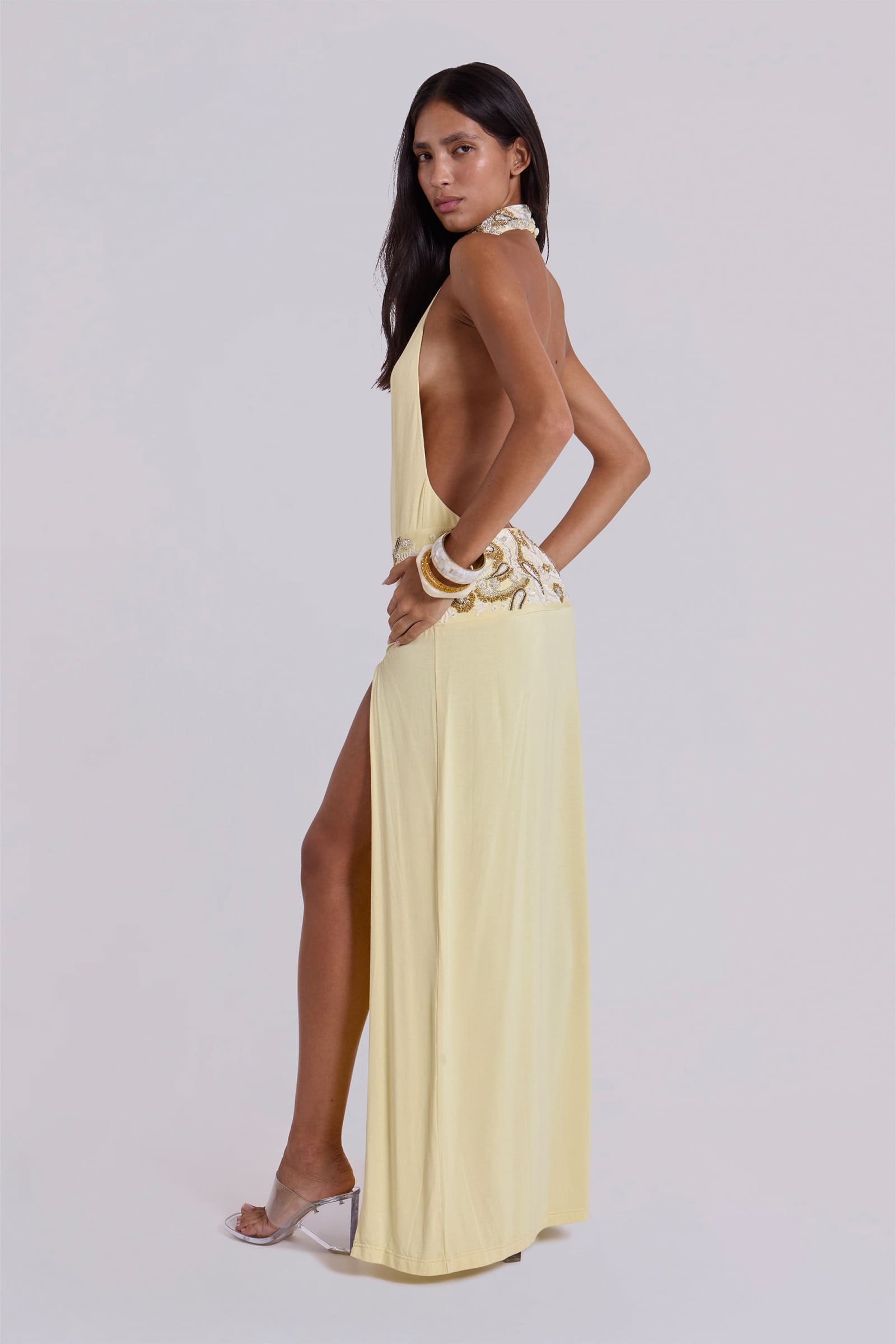 Darya Hand Beaded Backless Maxi Dress in Butter