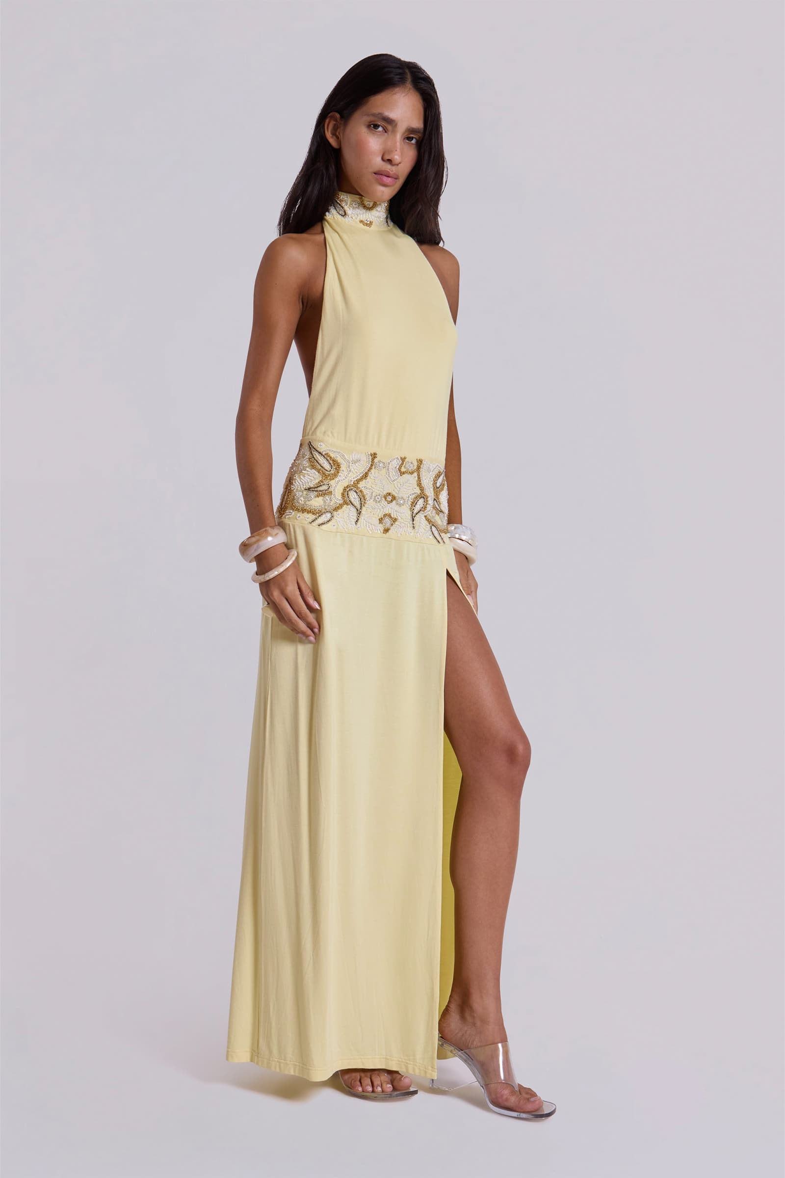 Darya Hand Beaded Backless Maxi Dress in Butter