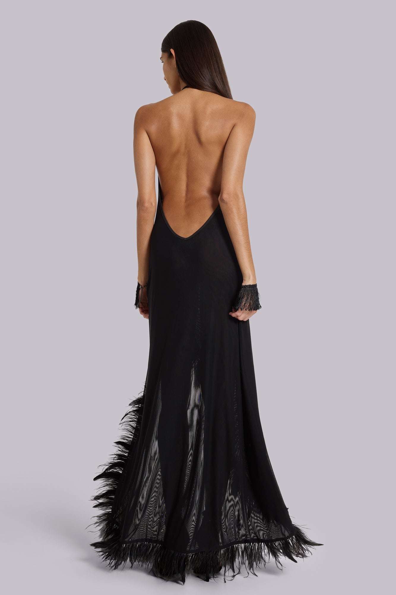Ravenna Backless Halter Maxi Dress with Feathers