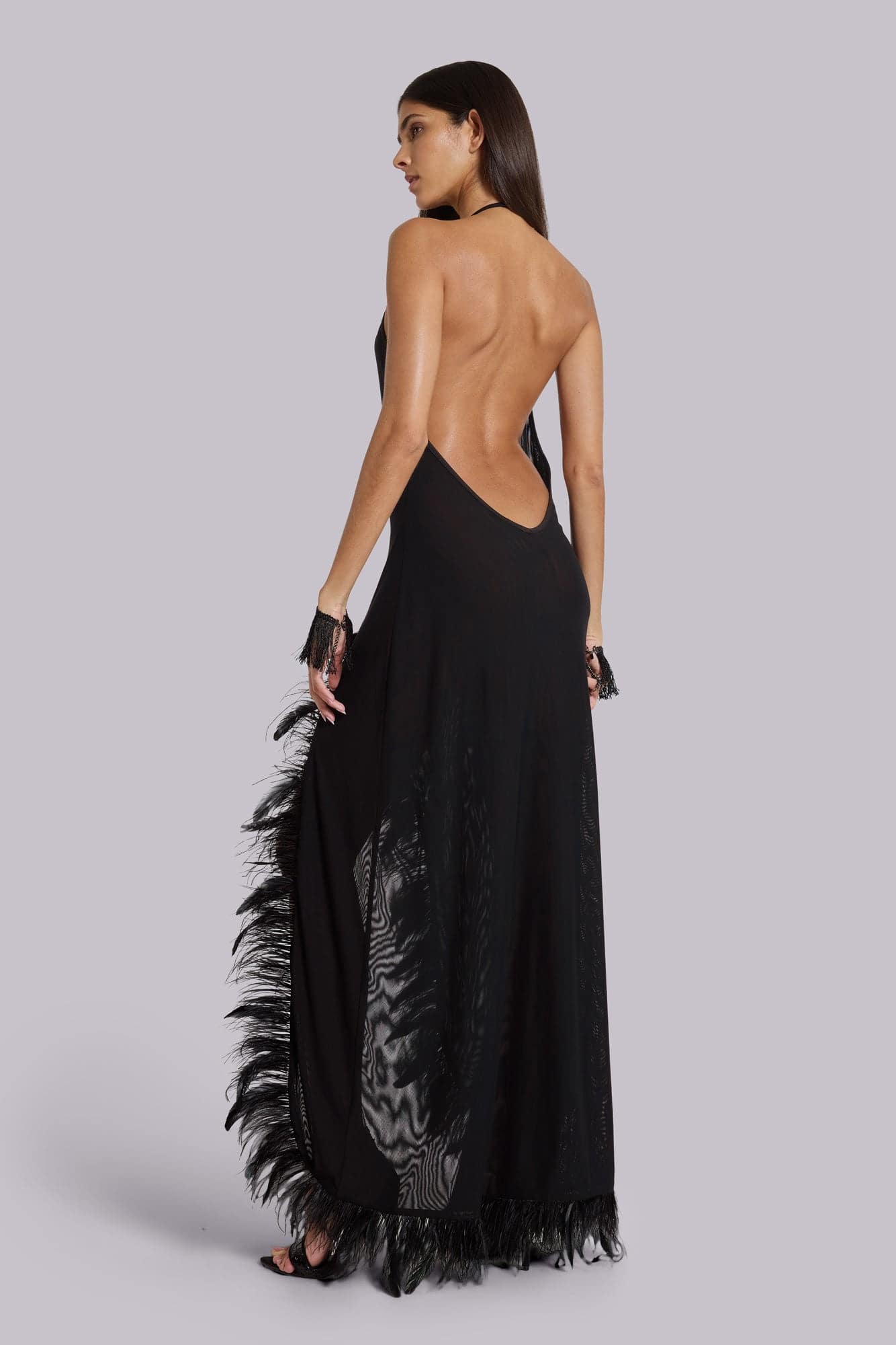 Ravenna Backless Halter Maxi Dress with Feathers