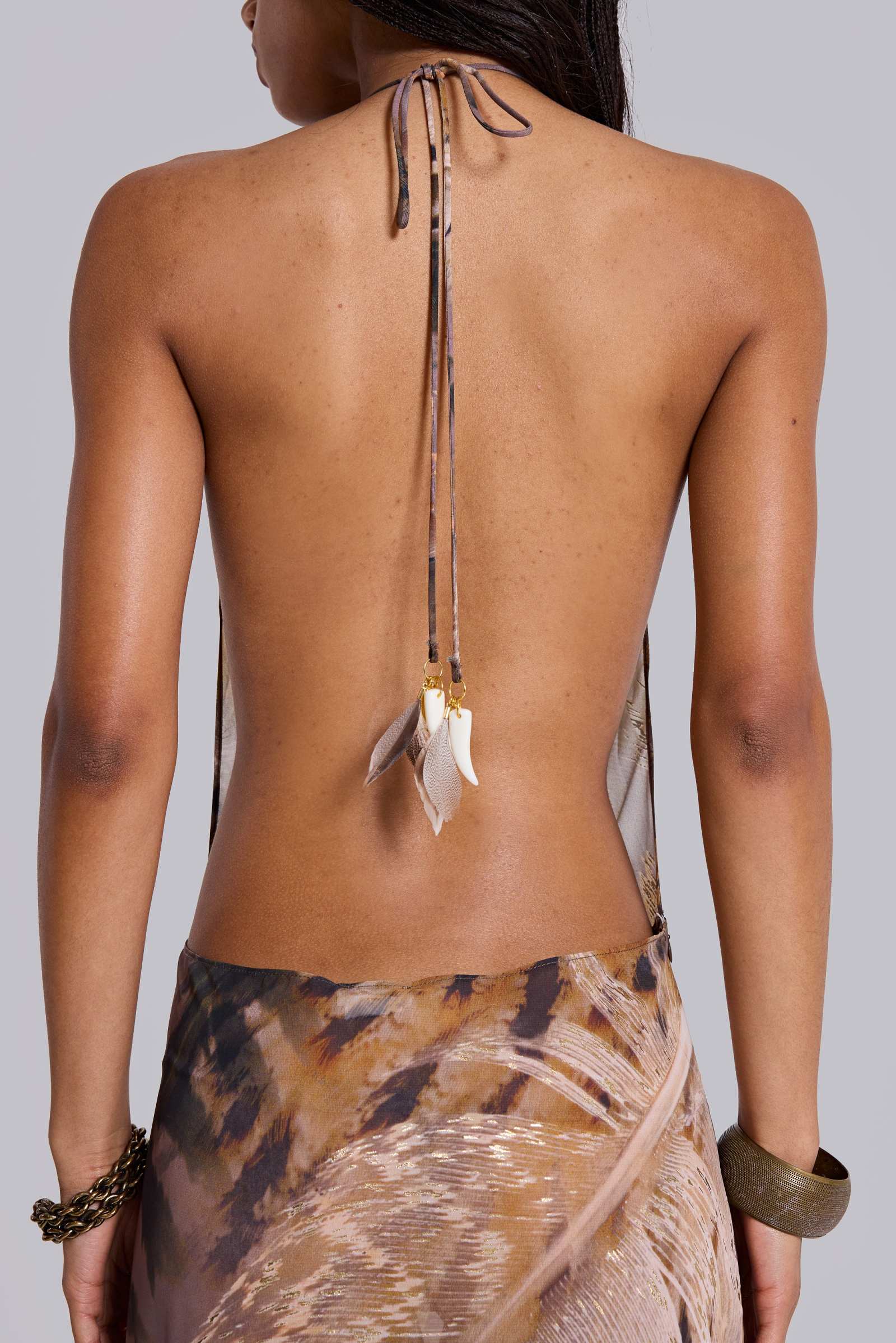 Alameda Metallic Cowl Backless Chiffon Maxi Dress