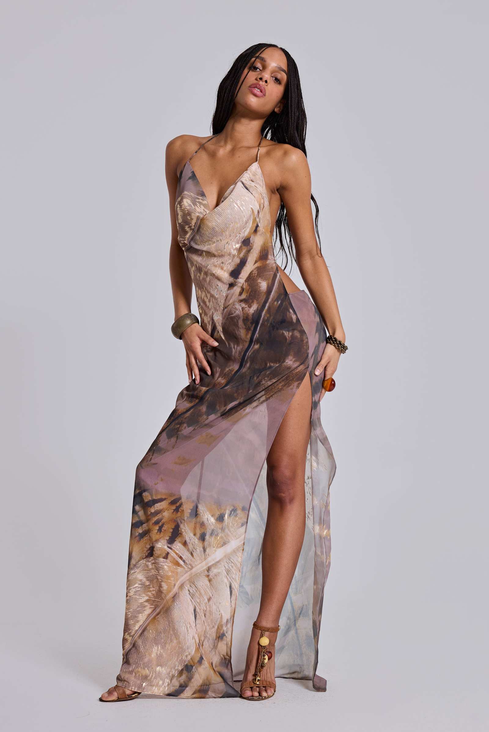 Alameda Metallic Cowl Backless Chiffon Maxi Dress