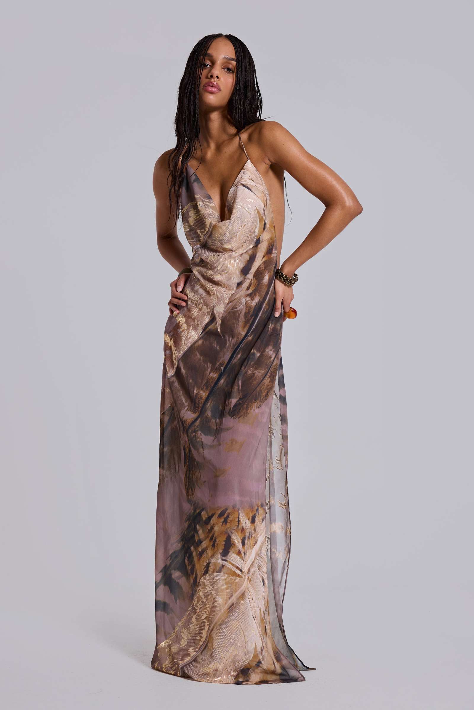 Alameda Metallic Cowl Backless Chiffon Maxi Dress