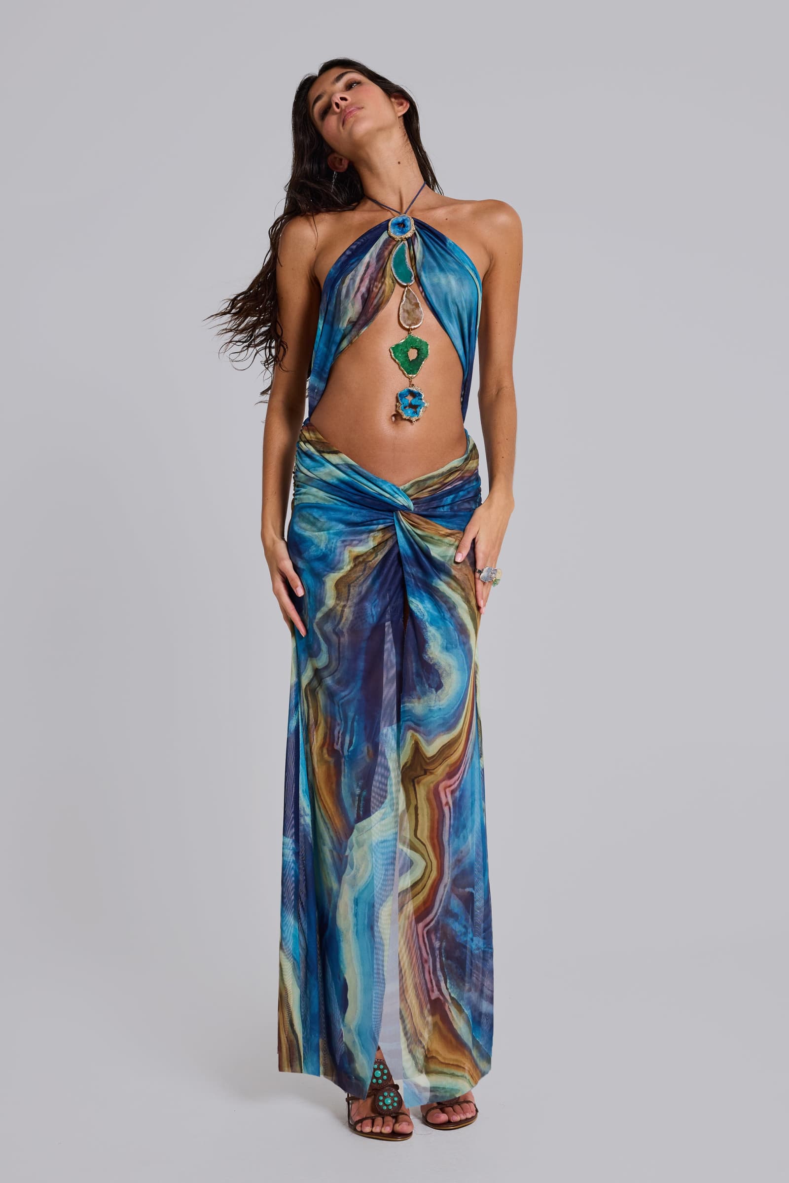 Quartz Halter Maxi Dress with Crystals