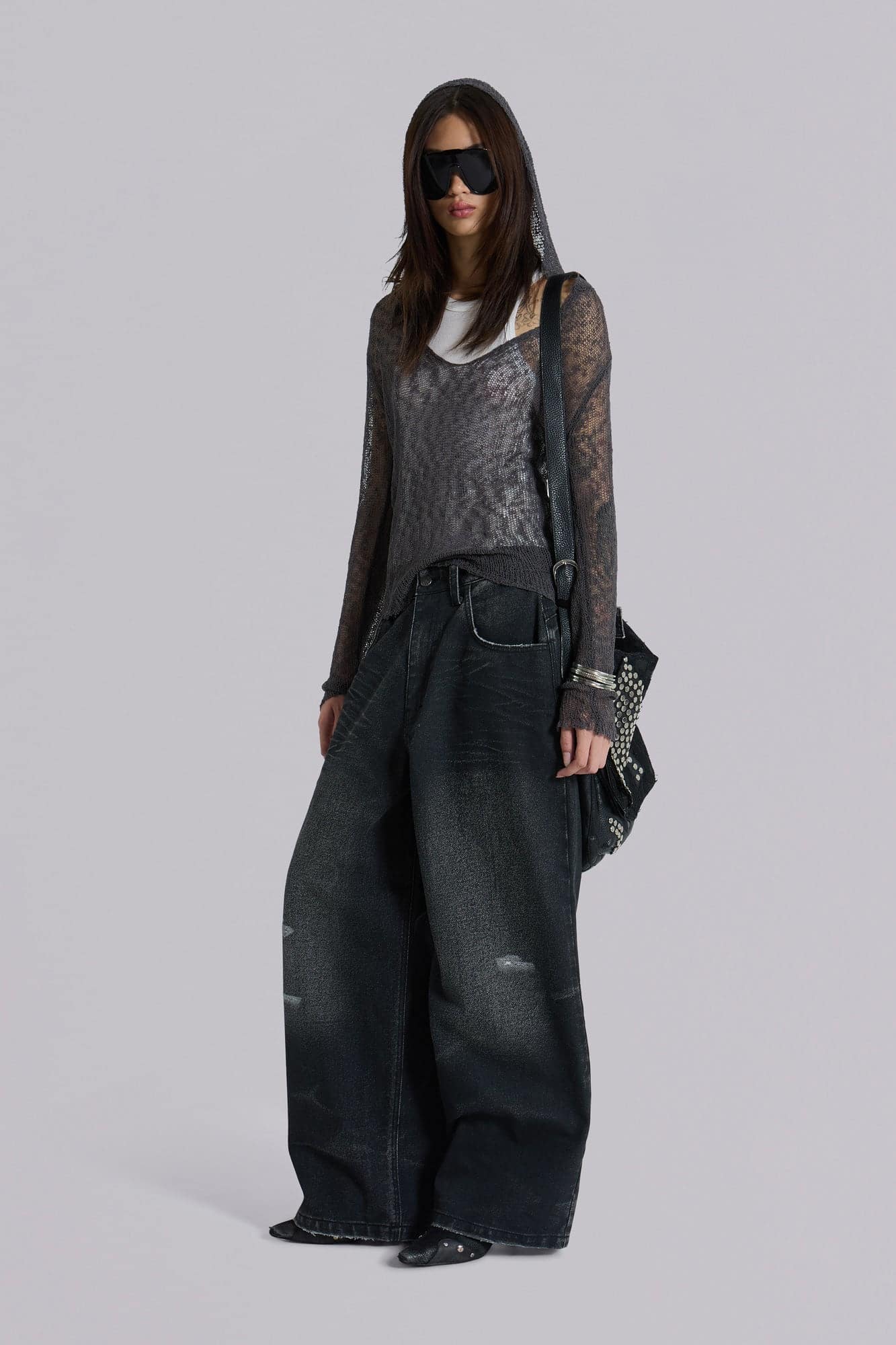 Naia Loose Knit Hooded Top in Charcoal