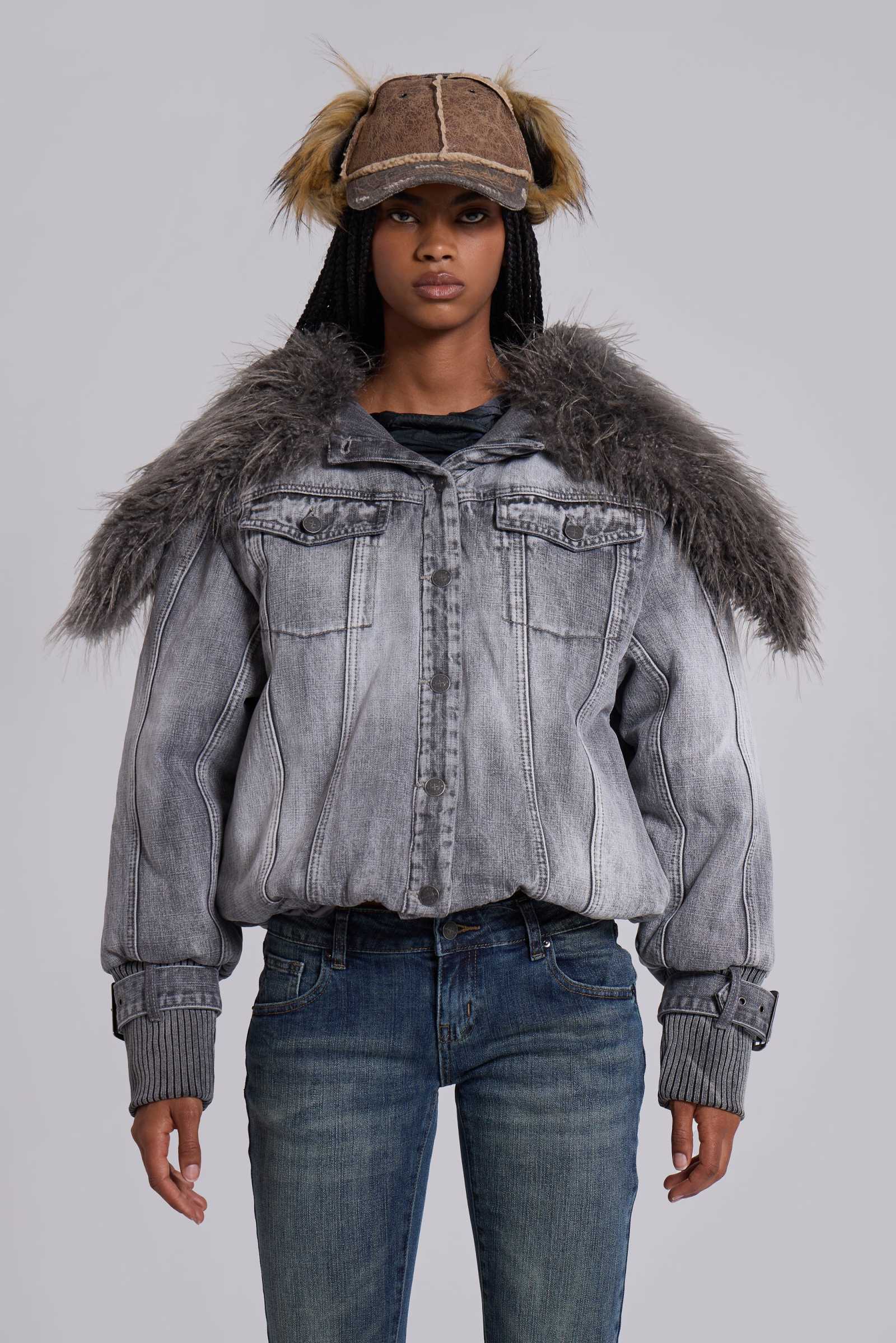 Alloy Denim Bomber Jacket in Grey