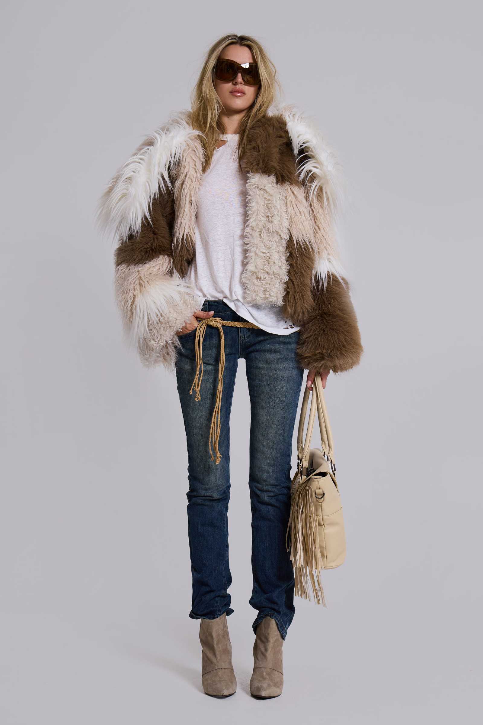 Oksana Patchwork Faux Fur Coat in Beige