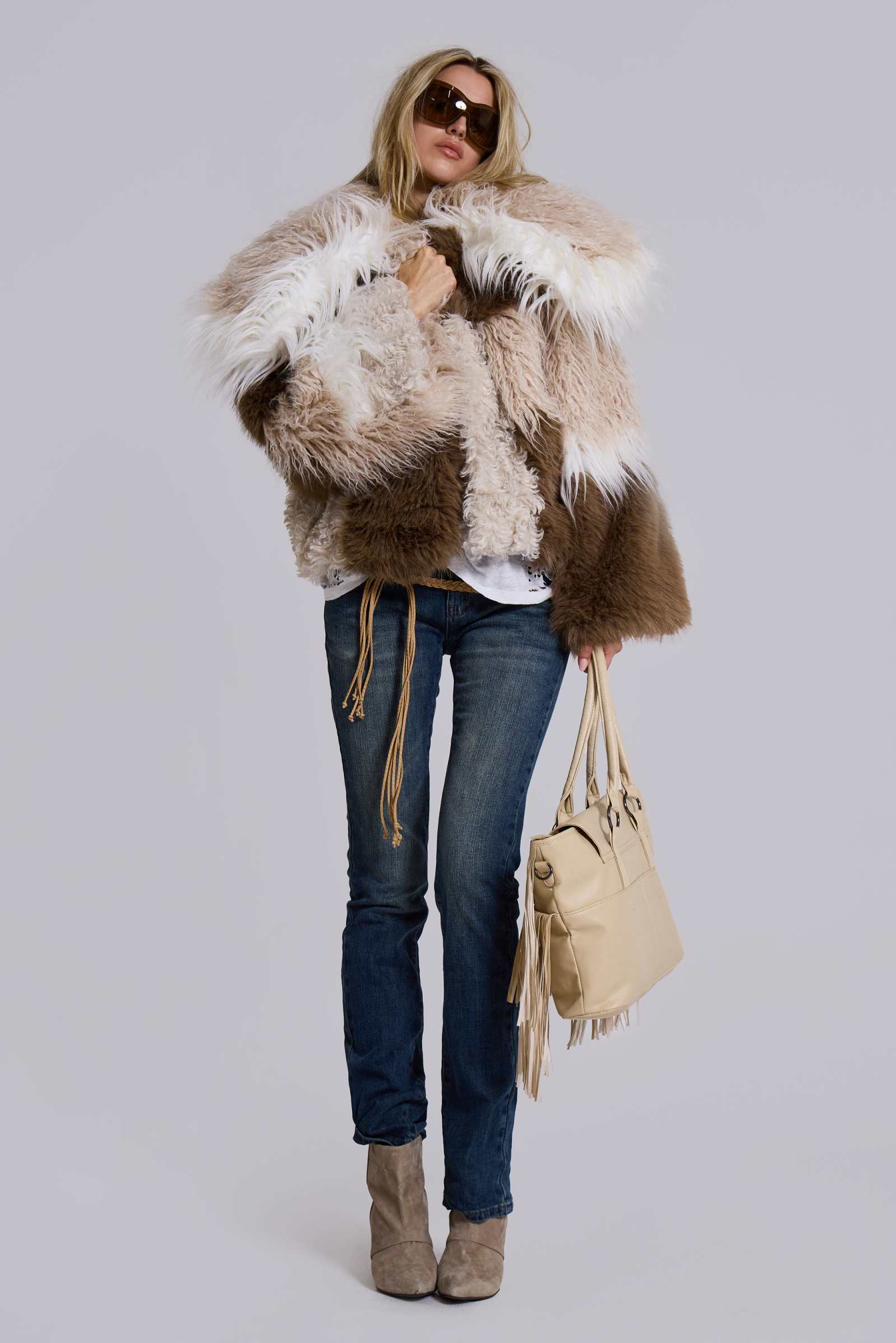 Oksana Patchwork Faux Fur Coat in Beige