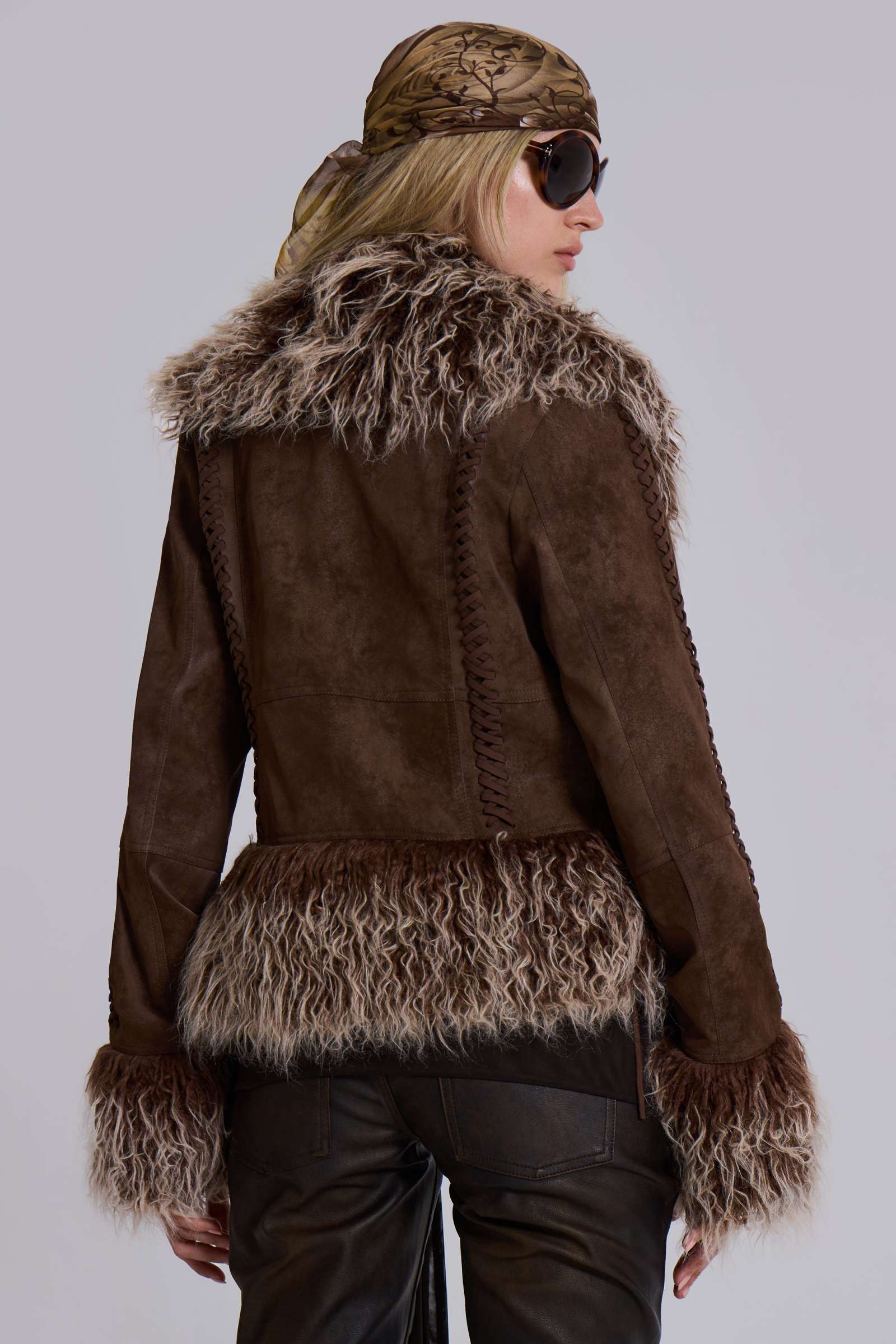 Leonie Faux Mongolian Fur Trim Coat in Brown