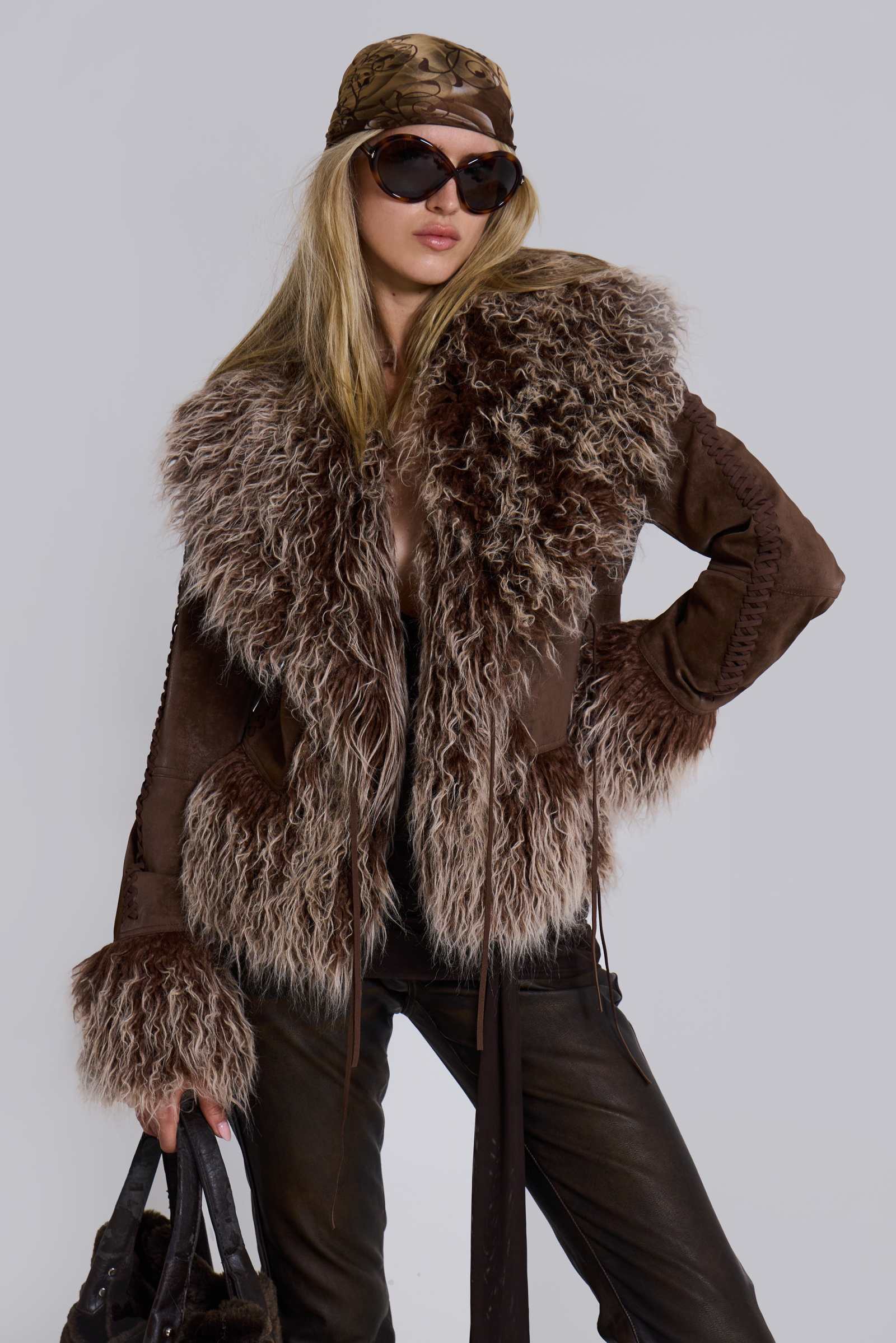 Leonie Faux Mongolian Fur Trim Coat in Brown