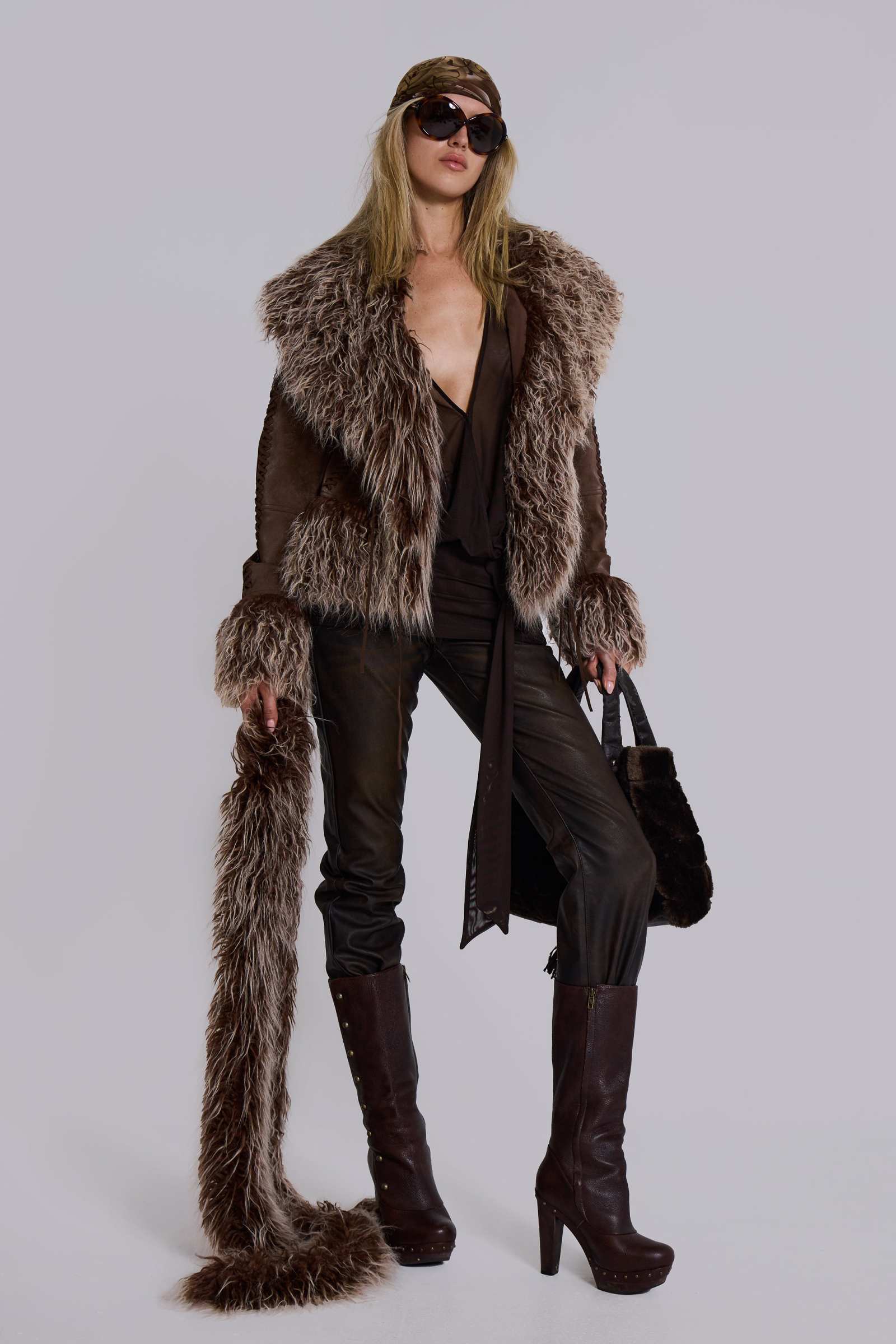 Leonie Faux Mongolian Fur Trim Coat in Brown