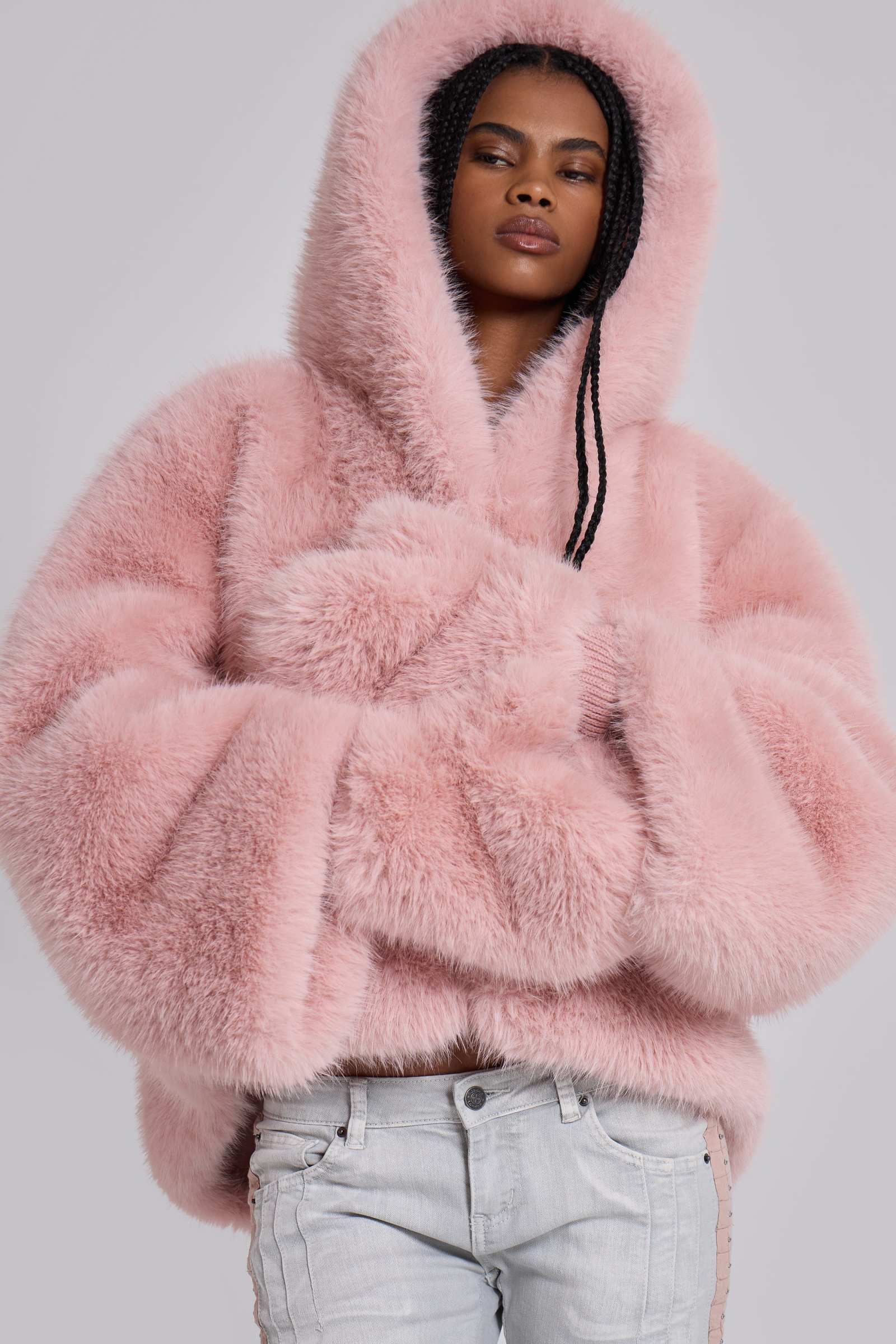 Pink Fur Oversized Faux Fur Hooded Coat Mara Oversized Faux Fur
